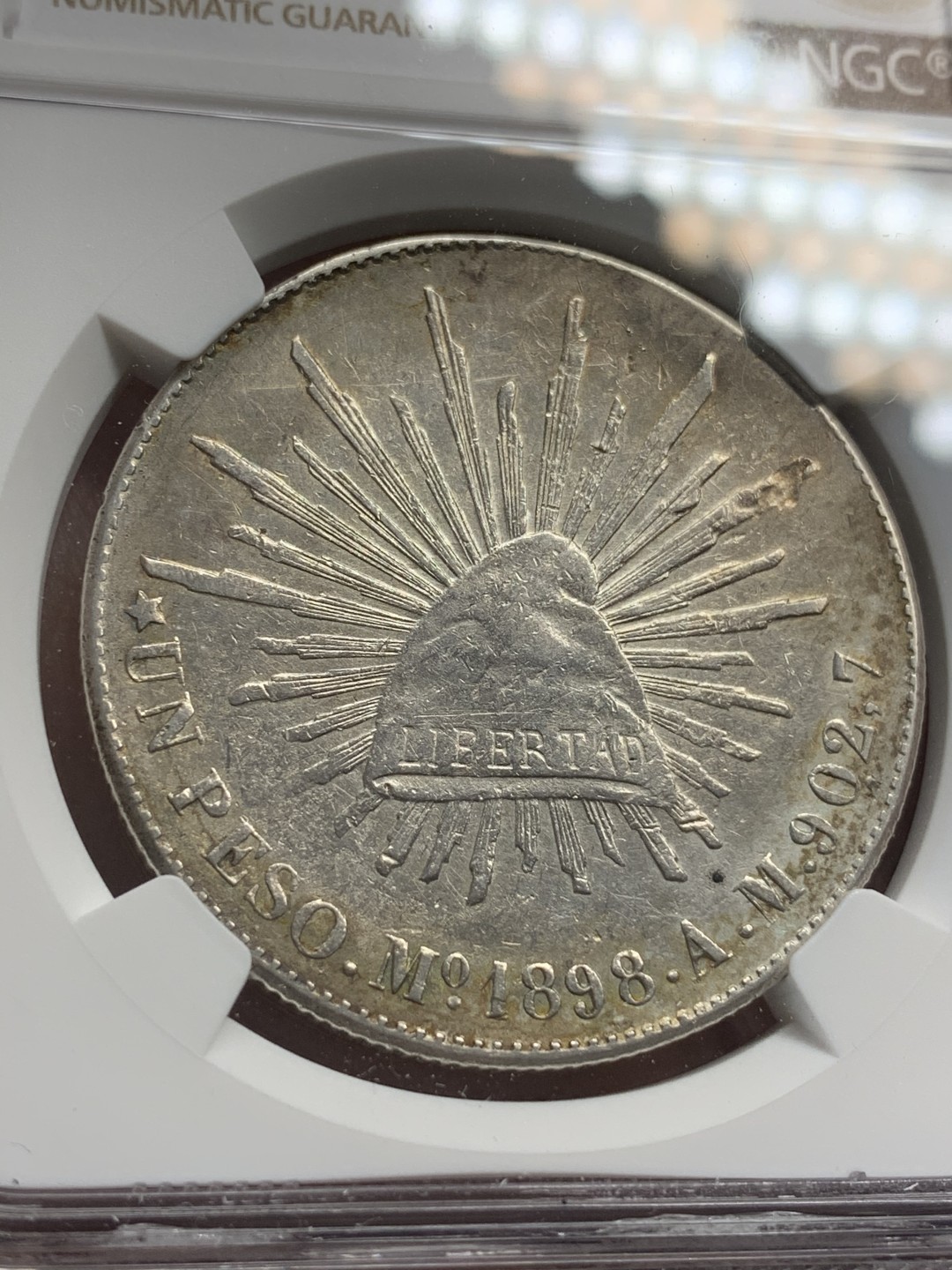 《竞宝斋》第67场-本周日，周一，周四.3场连拍（全场不限金额包邮） NGC AU细节评级 墨西哥 1898年 直边 鹰洋 银币 Original版 带包浆 很不错