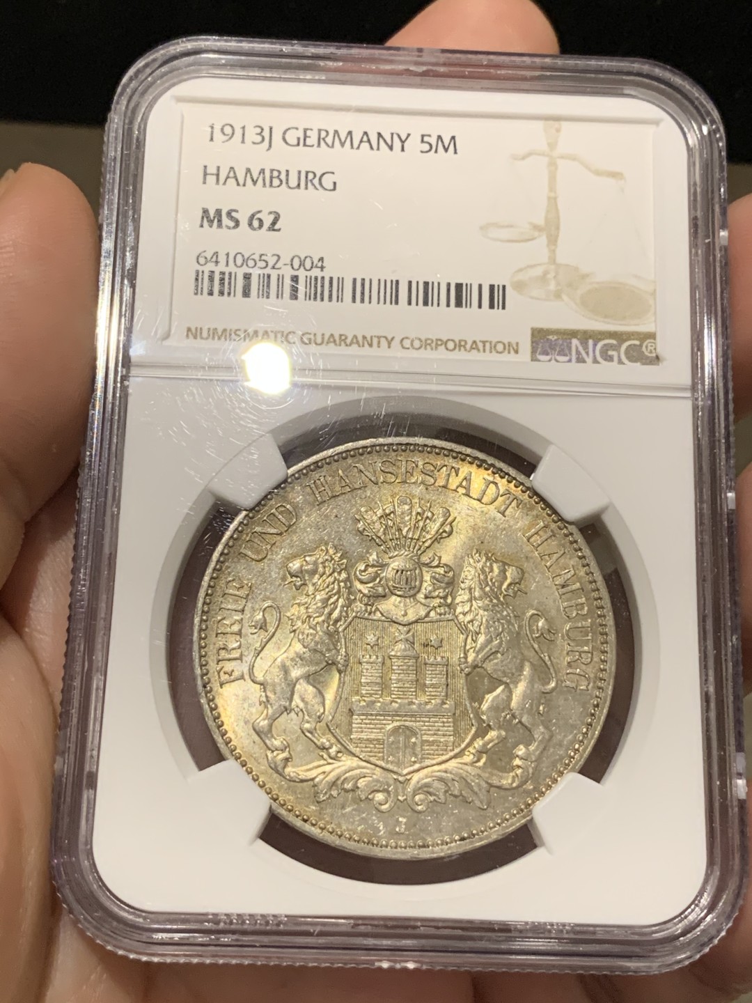 《竞宝斋》第67场-本周日，周一，周四.3场连拍（全场不限金额包邮） NGC MS62 德国 1913年 汉堡 5马克 银币 淡彩金光 非常舒服的状态 上涨品种