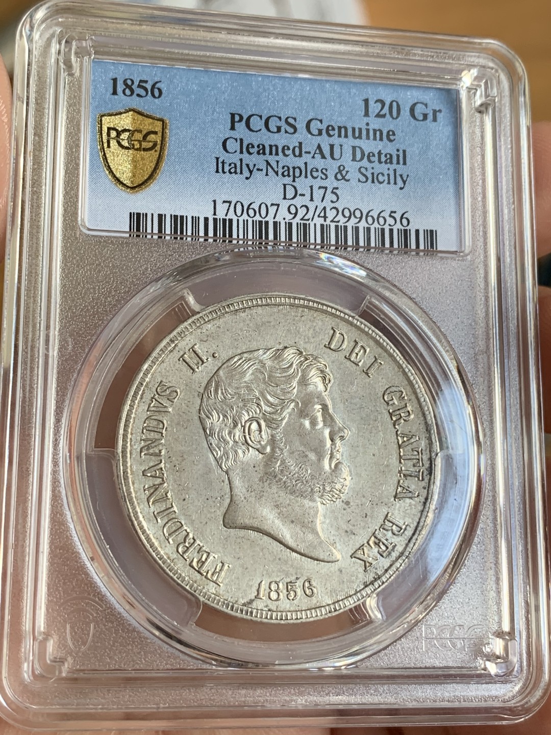 《竞宝斋》第67场-本周日，周一，周四.3场连拍（全场不限金额包邮） PCGS AU 意大利 1856年 那不勒斯 120G 银币  实物状态好 减重痕迹轻微 全深打干干净净