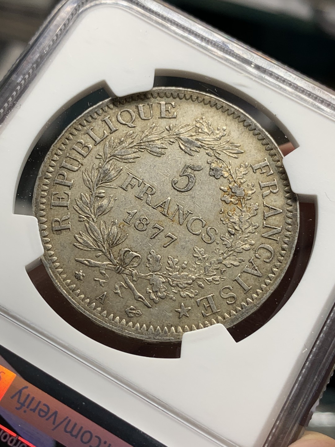 《竞宝斋》第67场-本周日，周一，周四.3场连拍（全场不限金额包邮） NGC-AU53 法国1877年 大力神 5法郎大银币 老包浆 底板也不错
