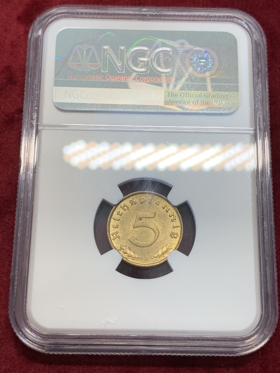 《竞宝斋》第67场-本周日，周一，周四.3场连拍（全场不限金额包邮） NGC MS64 1939A 德意志帝国5芬尼 流光溢彩 高分难得
