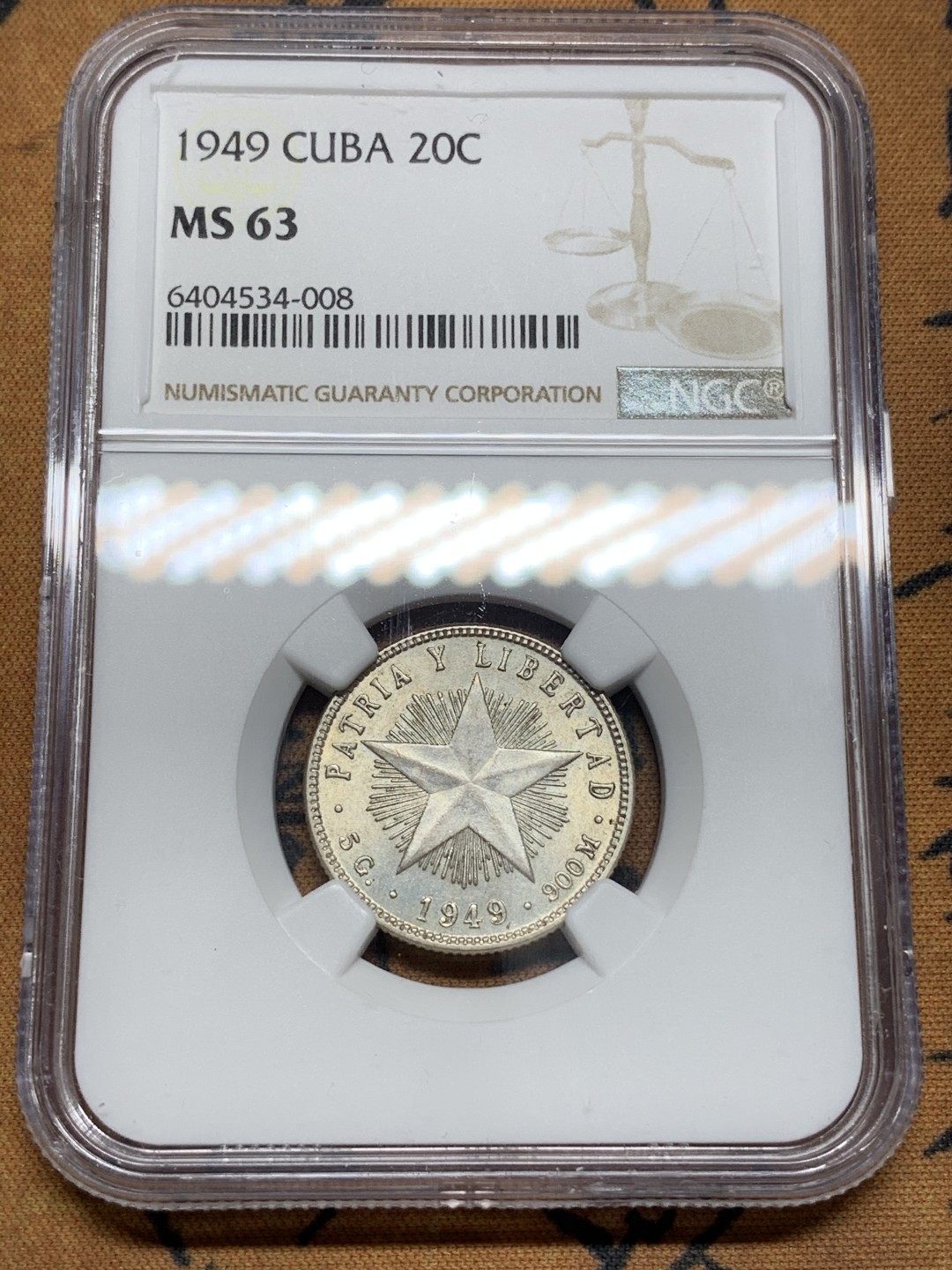 《竞宝斋》第67场-本周日，周一，周四.3场连拍（全场不限金额包邮） NGC-MS62 古巴 1949年 大五星 20分银币 非常漂亮的小毫子 