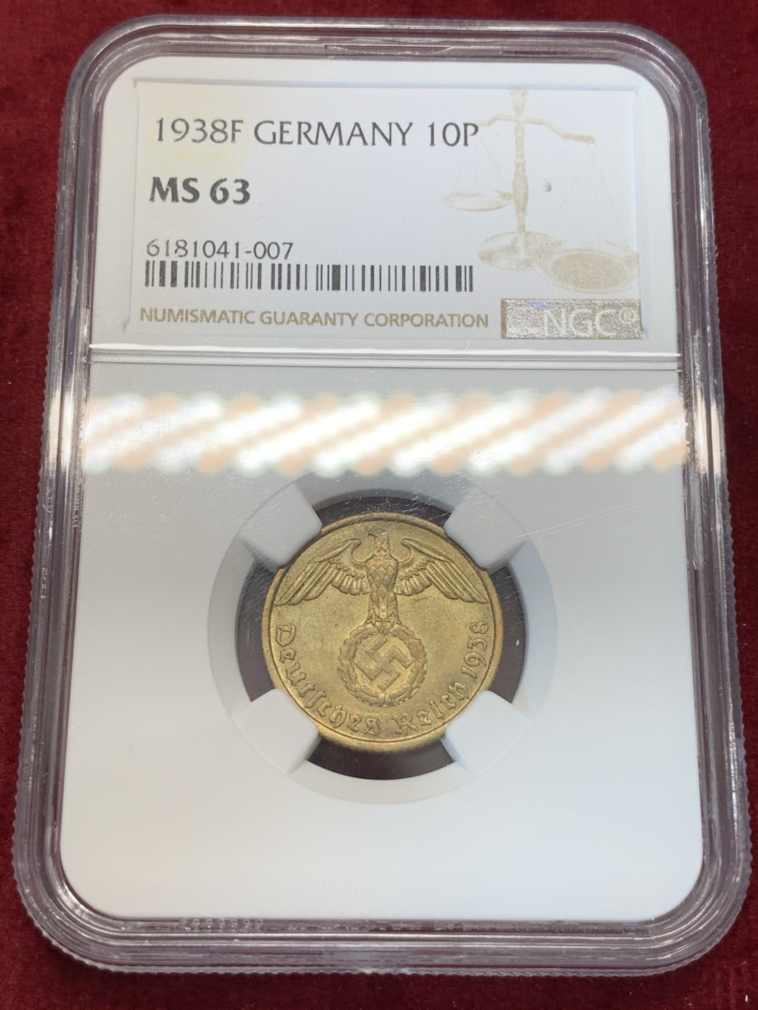 《竞宝斋》第67场-本周日，周一，周四.3场连拍（全场不限金额包邮） NGC MS63 1938F 德意志帝国10芬尼 10P好品少