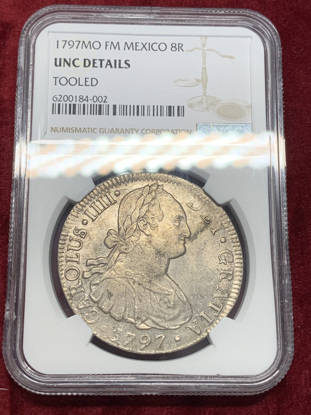 《竞宝斋》第67场-本周日，周一，周四.3场连拍（全场不限金额包邮） NGC UNC细节评级 墨西哥 1797年 卡四双柱 8R银币 打制的很不错 细节见图