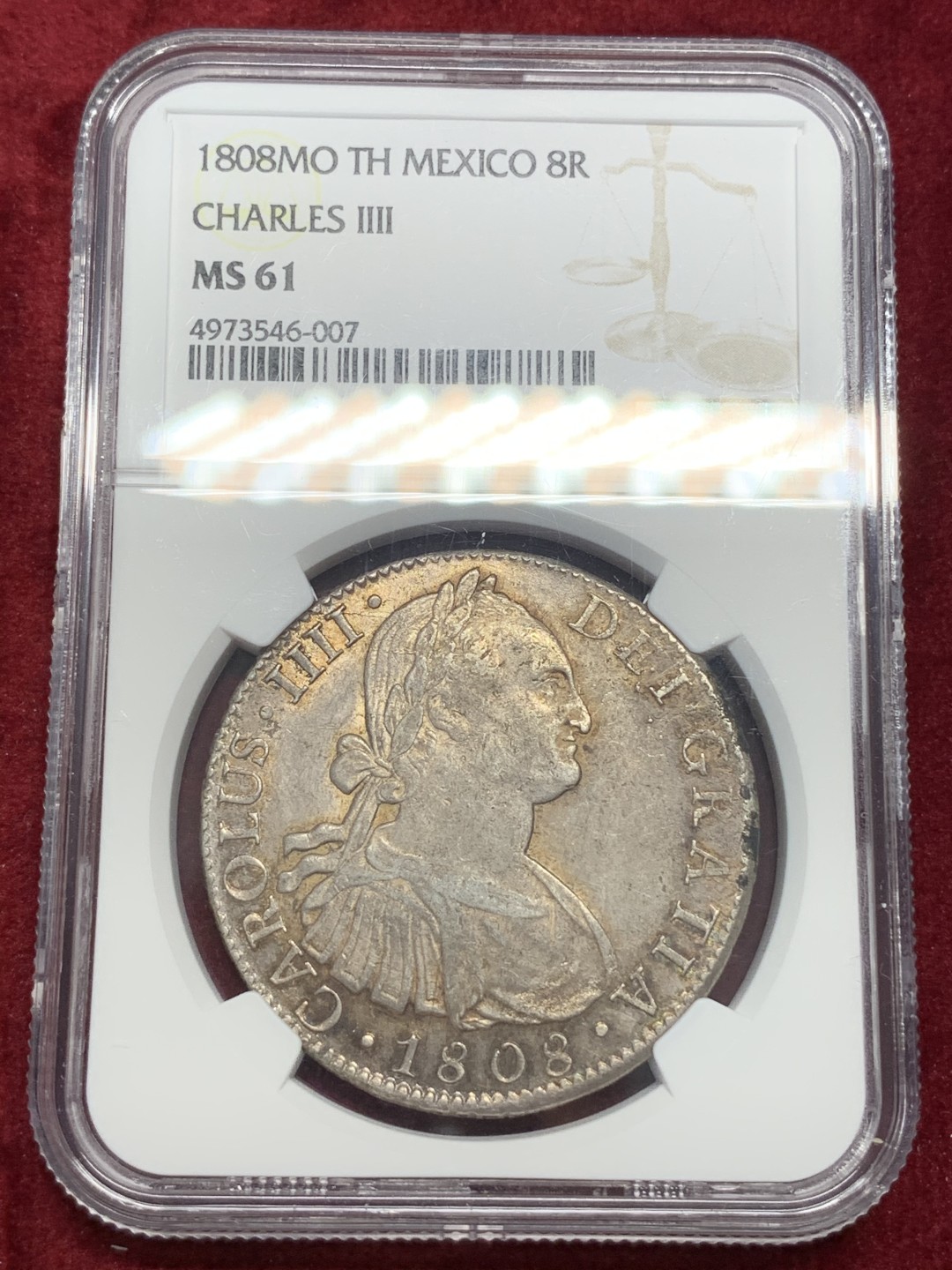 《竞宝斋》第67场-本周日，周一，周四.3场连拍（全场不限金额包邮） NGC-MS61 墨西哥 1808年 卡四双柱 8R大银币原味带彩 细节很不错
