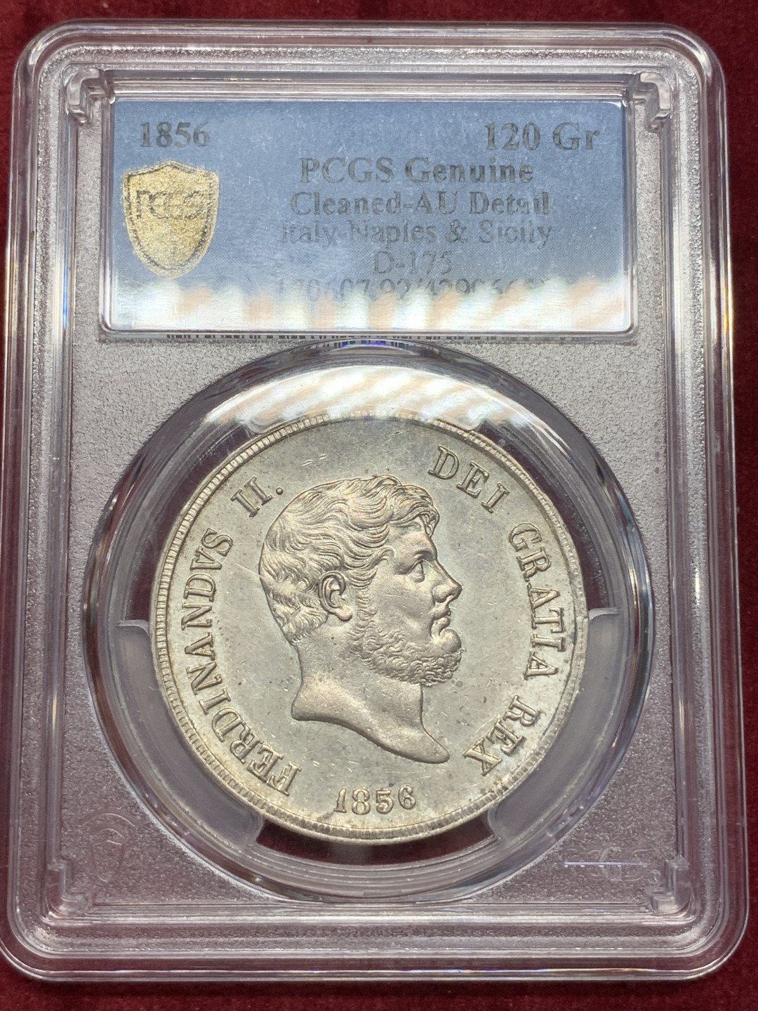 《竞宝斋》第67场-本周日，周一，周四.3场连拍（全场不限金额包邮） PCGS AU 意大利 1856年 那不勒斯 120G 银币  实物状态好 减重痕迹轻微 全深打干干净净