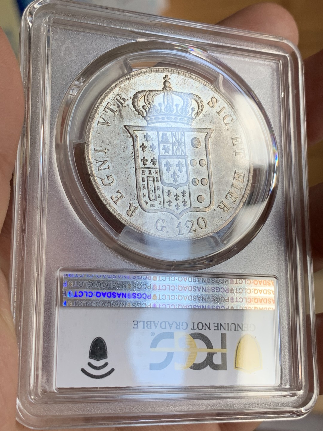 《竞宝斋》第67场-本周日，周一，周四.3场连拍（全场不限金额包邮） PCGS AU 意大利 1856年 那不勒斯 120G 银币  实物状态好 减重痕迹轻微 全深打干干净净