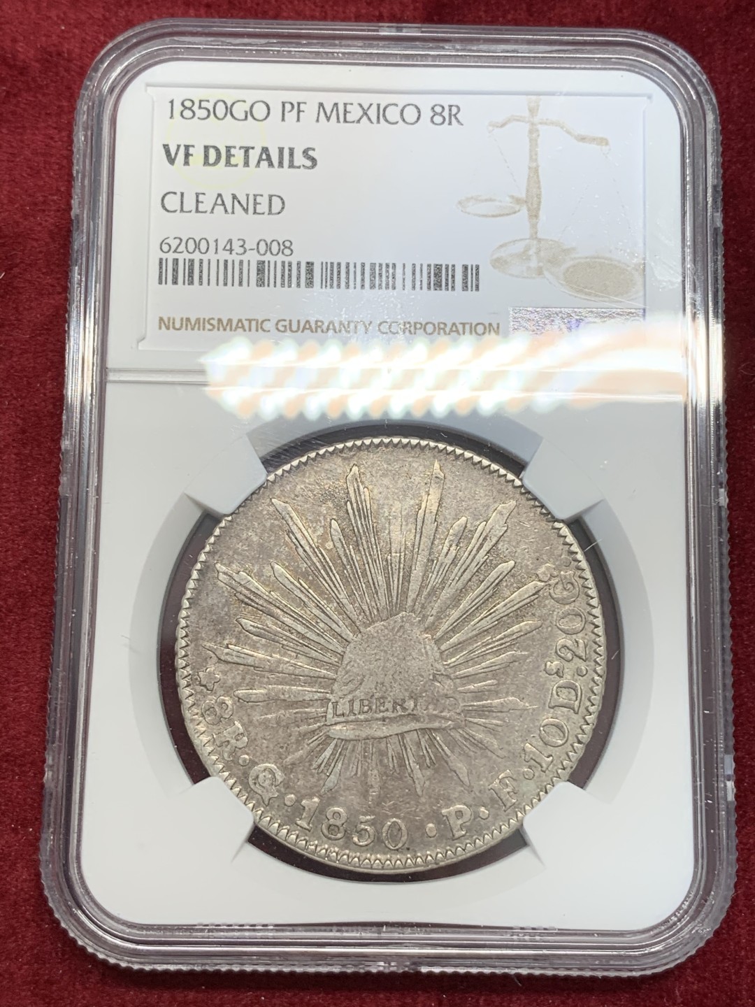 《竞宝斋》第67场-本周日，周一，周四.3场连拍（全场不限金额包邮） NGC VF 细节评级 墨西哥 1850年 早期 花边鹰洋 状态不错