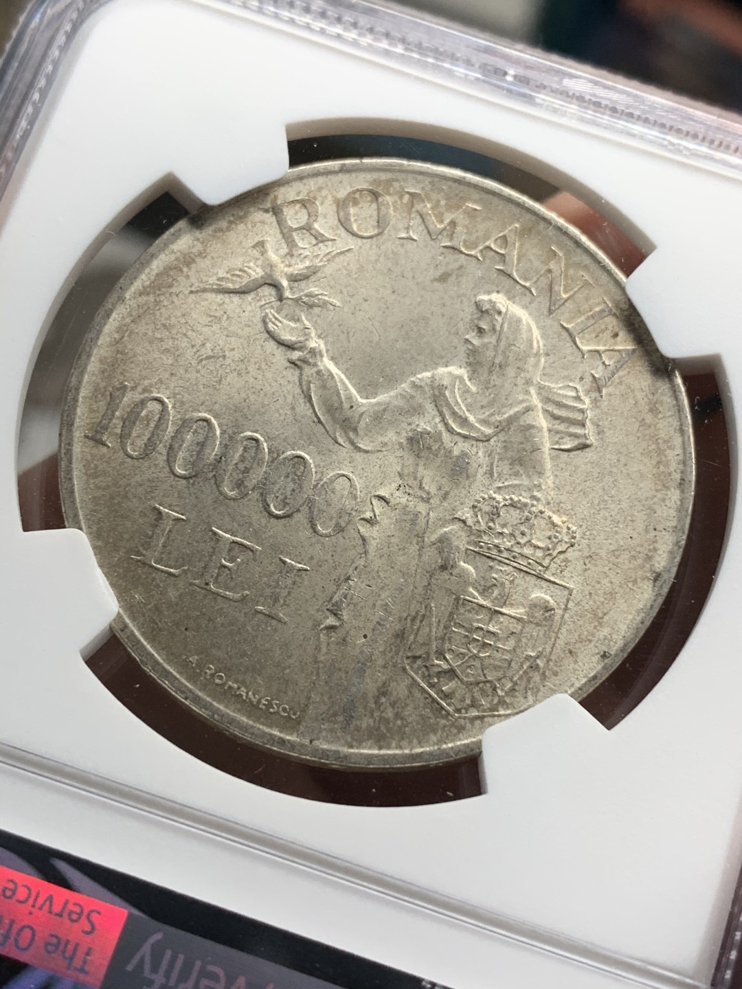 《竞宝斋》第67场-本周日，周一，周四.3场连拍（全场不限金额包邮） NGC-MS62 罗马尼亚 1946年 100000列伊大银币 淡彩粉光 非常漂亮 这类币也是疫情后暴涨的品种