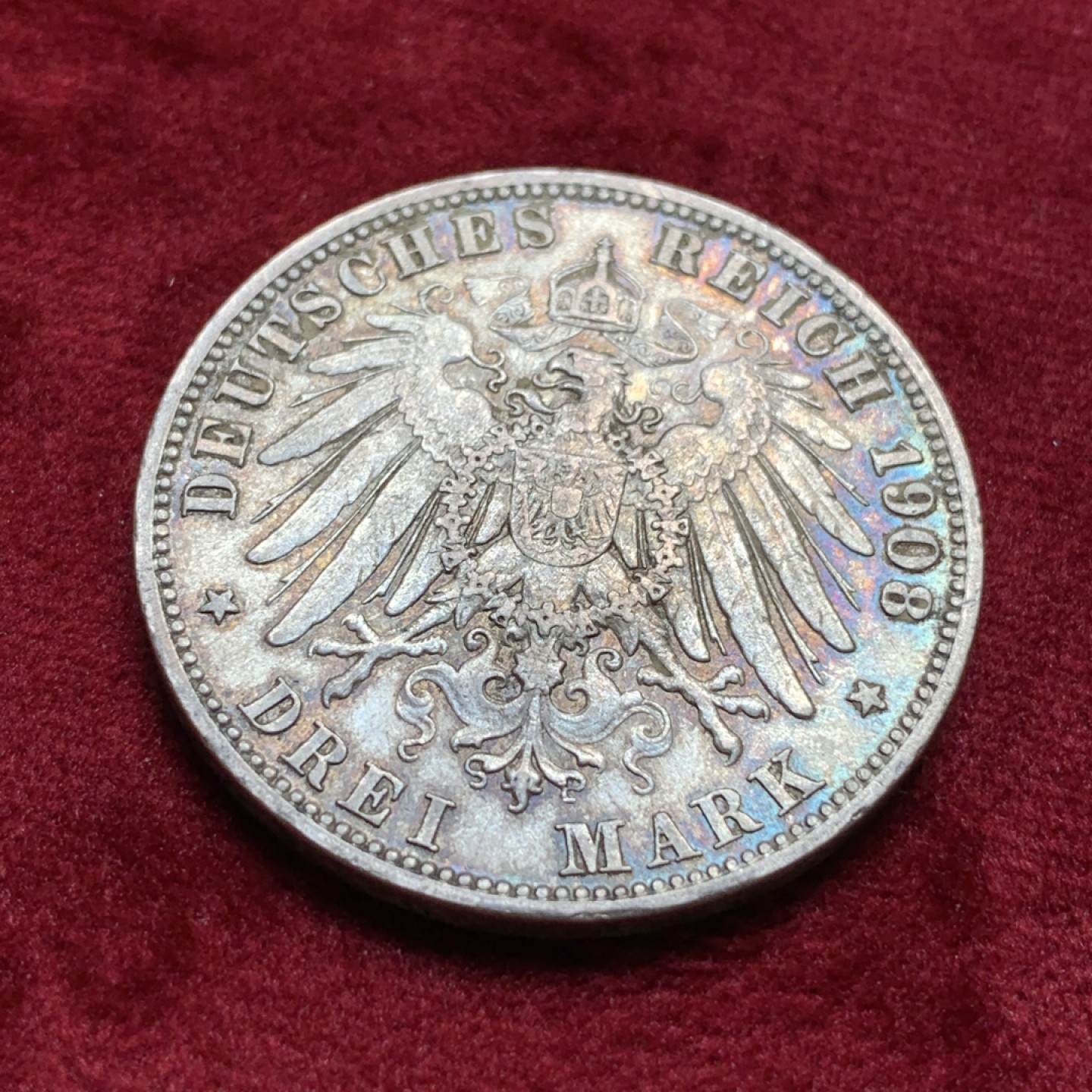 《竞宝斋》第67场-本周日，周一，周四.3场连拍（全场不限金额包邮） 德国 1908年 吕贝克 3马克 银币 少见品种 双面五彩包浆 非常难得