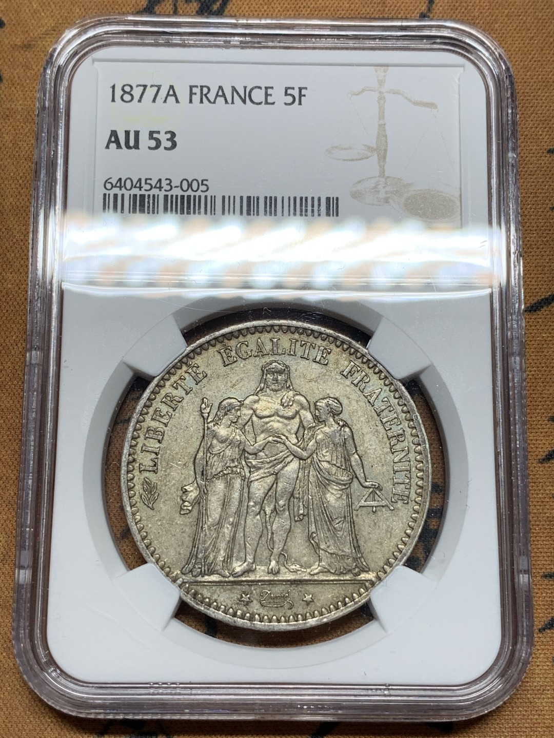 《竞宝斋》第67场-本周日，周一，周四.3场连拍（全场不限金额包邮） NGC-AU53 法国1877年 大力神 5法郎大银币 老包浆 底板也不错