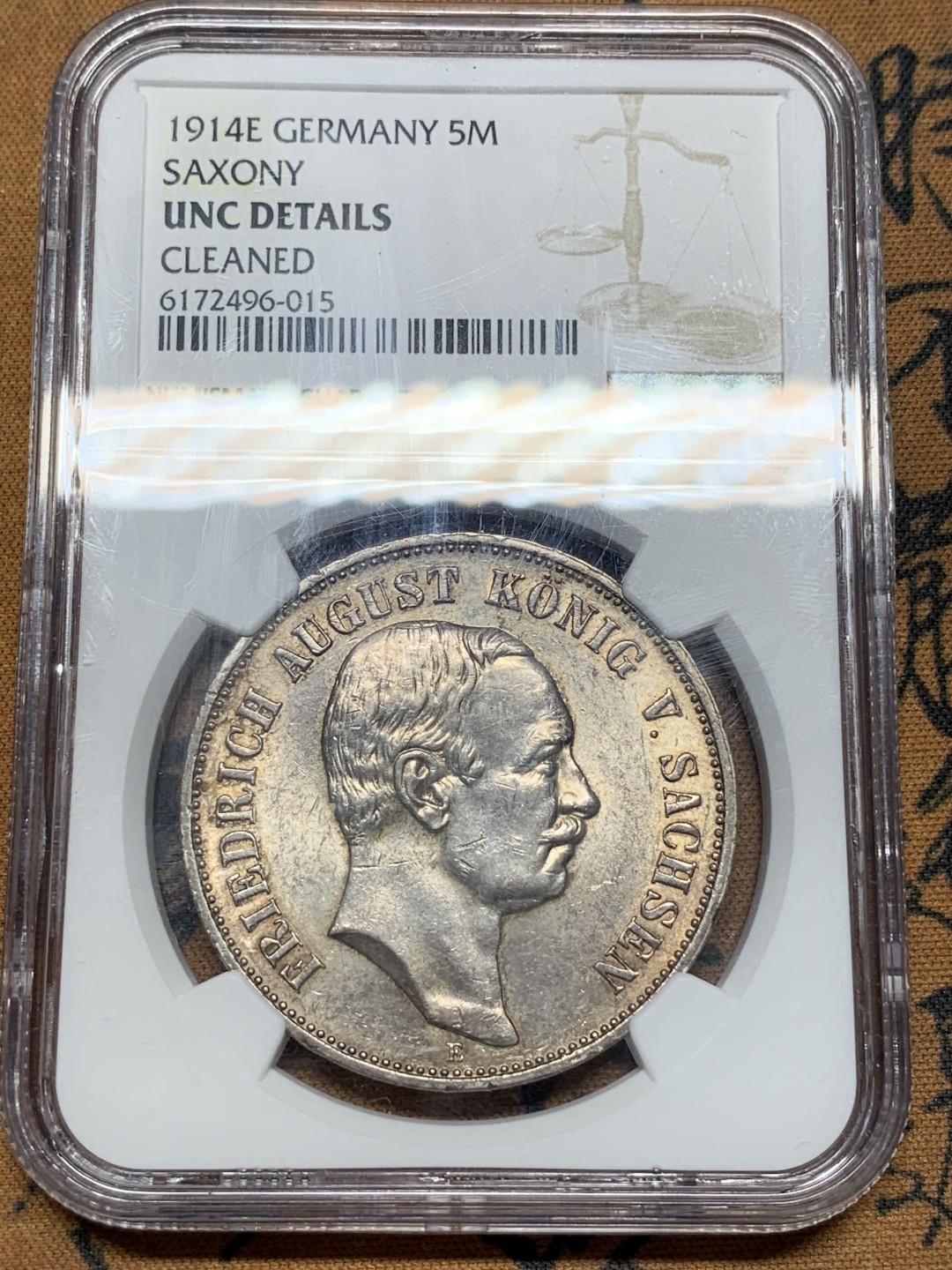 《竞宝斋》第67场-本周日，周一，周四.3场连拍（全场不限金额包邮） NGC UNC 德国 1914年 萨克森 5马克 银币 双面淡彩包浆 细节很不错