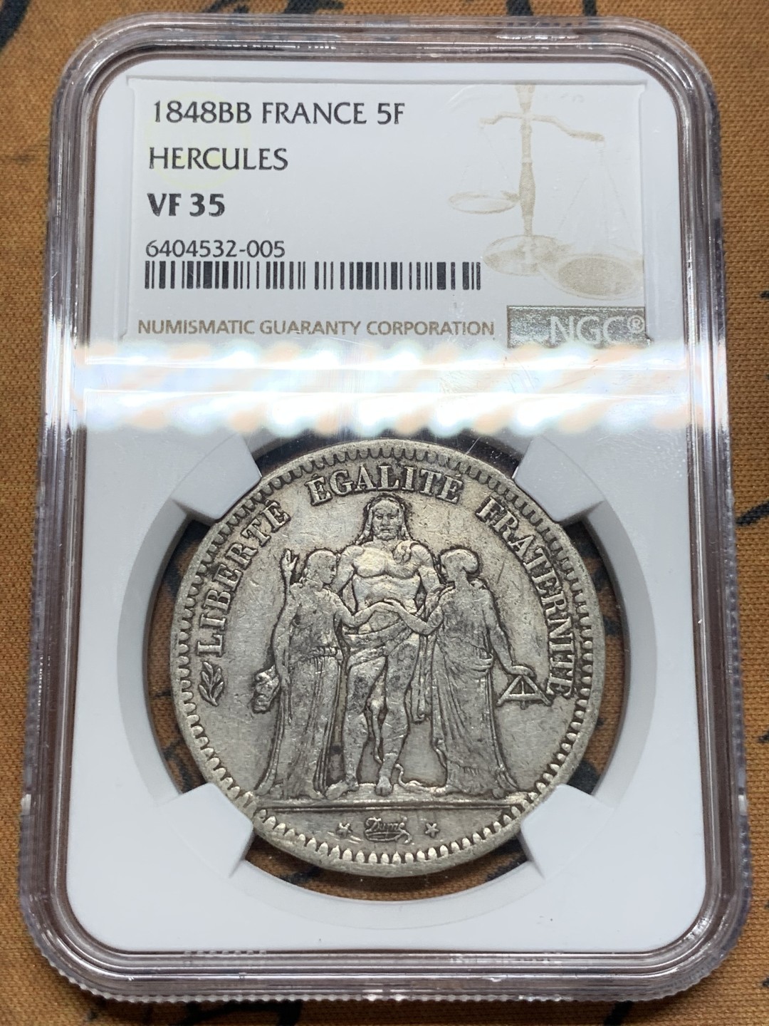《竞宝斋》第67场-本周日，周一，周四.3场连拍（全场不限金额包邮） NGC-VF35 法国 1848-BB年 大力神 5法郎 大银币 稀少厂名而且还是早期的版本 比较难得