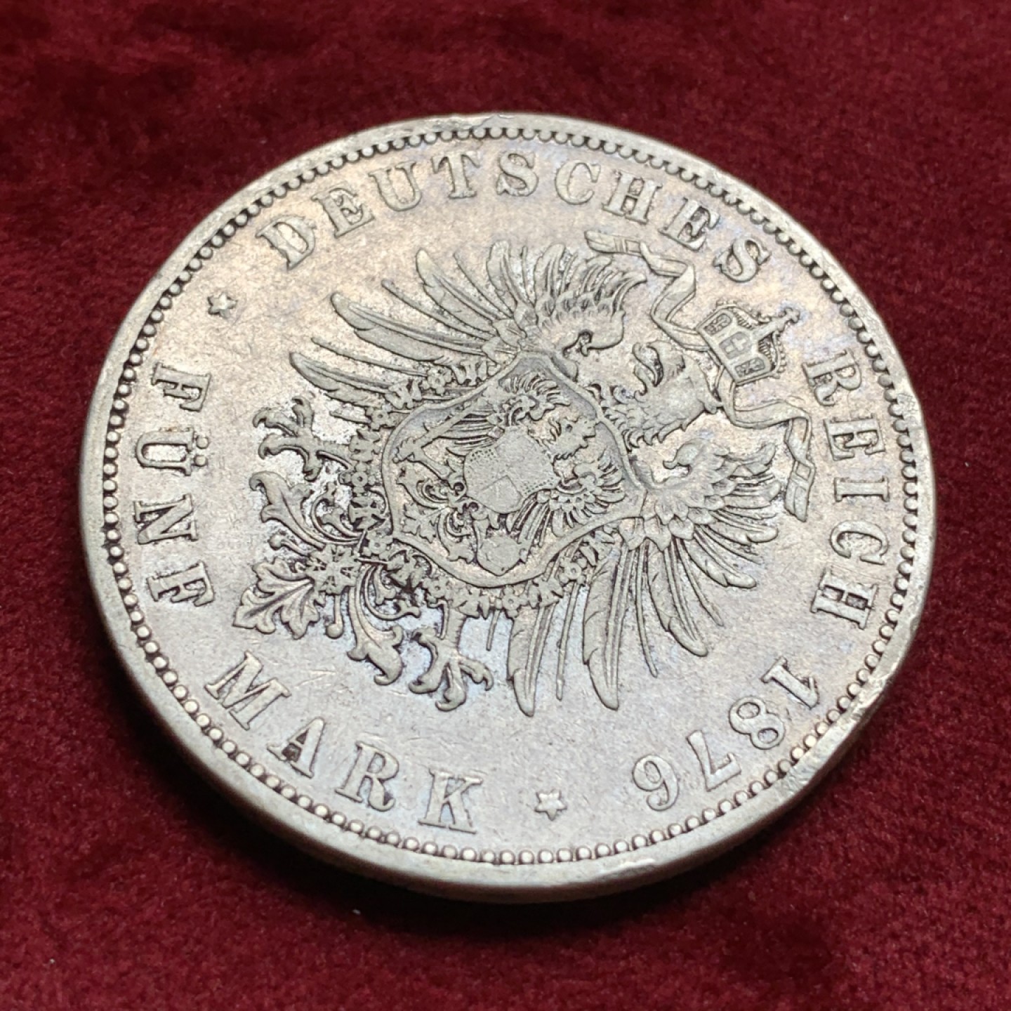 《竞宝斋》第67场-本周日，周一，周四.3场连拍（全场不限金额包邮） 德国 普鲁士 1876年 威廉一世 短翅5马克大银币