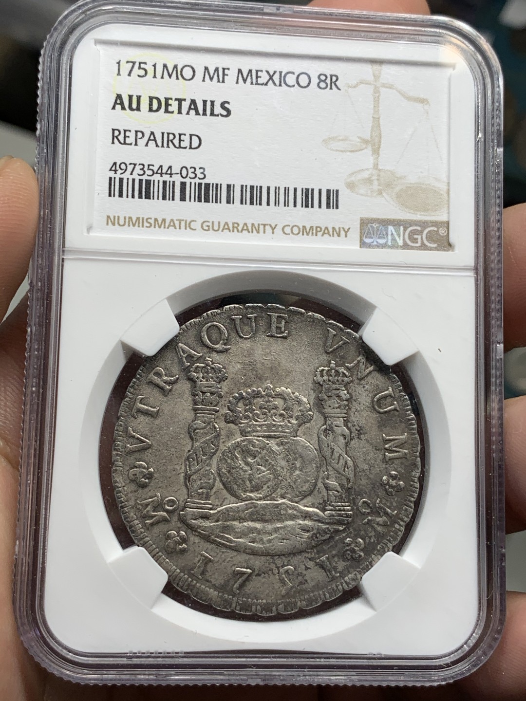 《竞宝斋》第67场-本周日，周一，周四.3场连拍（全场不限金额包邮） NGC-AUD 墨西哥地球双柱 1751  8里亚尔  中早期地球  黑包浆 深打 大热门 SBP拍卖都是五六百刀