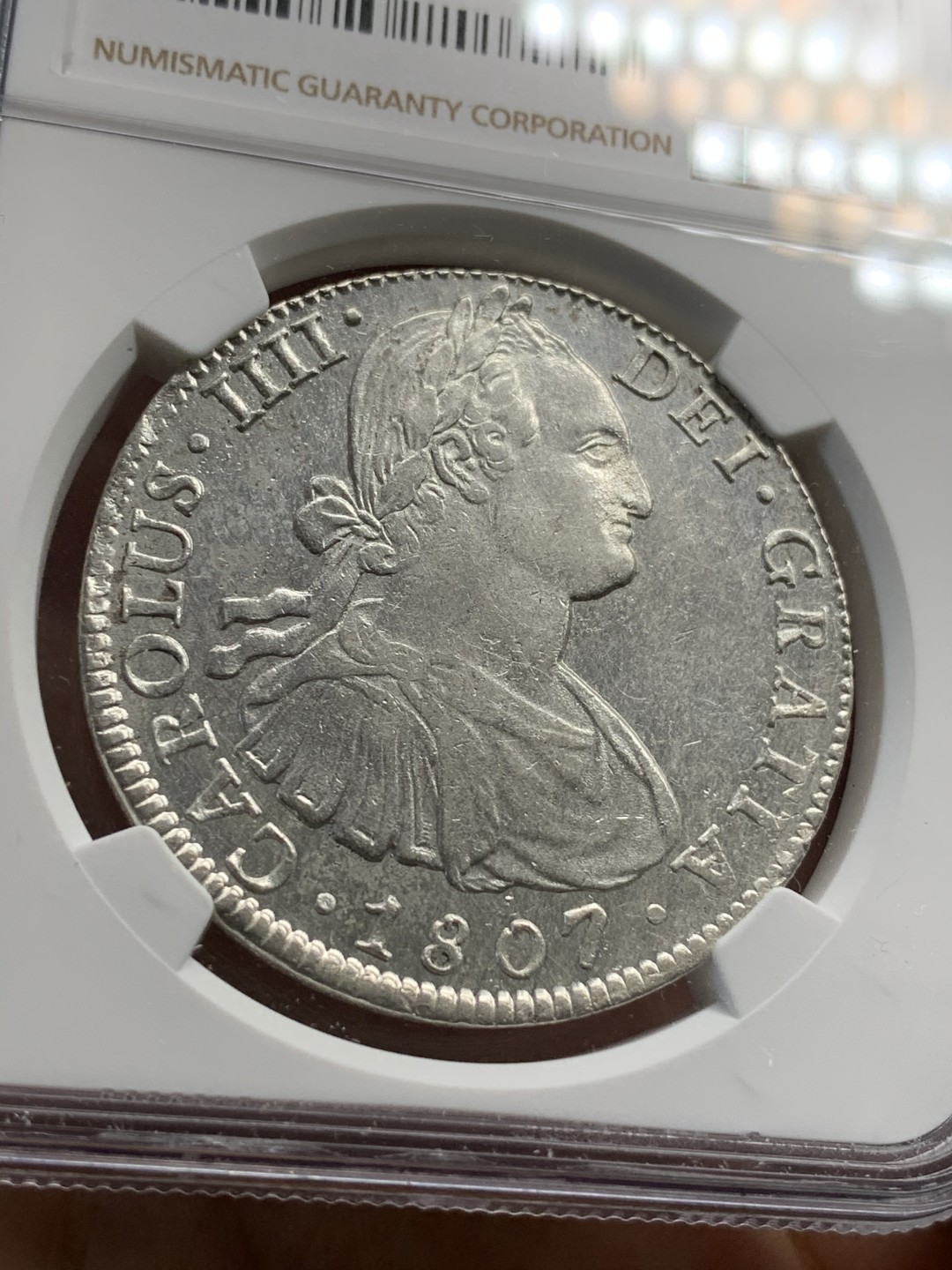 《竞宝斋》第67场-本周日，周一，周四.3场连拍（全场不限金额包邮） NGC-AUD 墨西哥双柱 卡洛斯四世 1807年  8里亚尔 银币双面深打 银光很不错