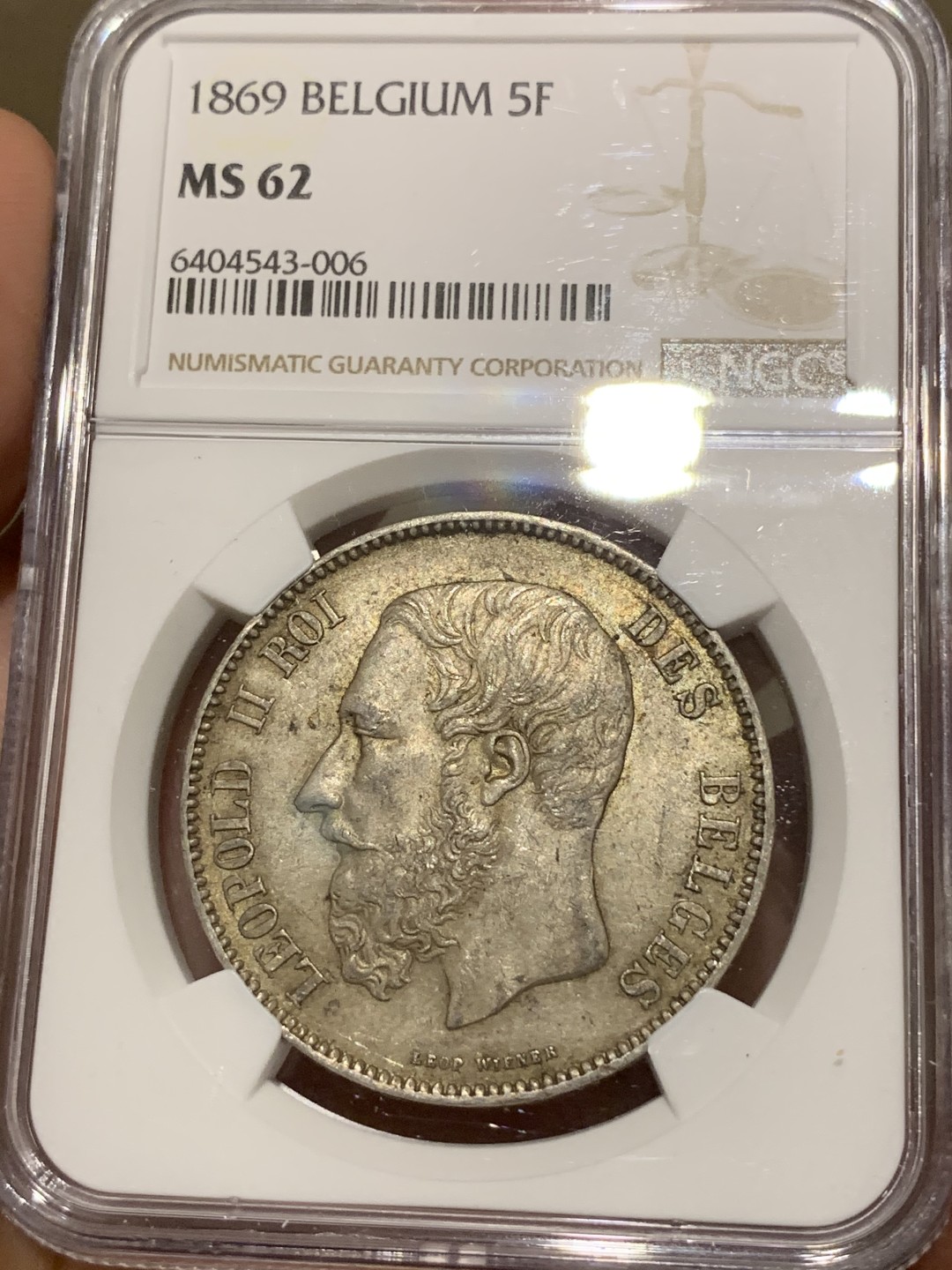 《竞宝斋》第67场-本周日，周一，周四.3场连拍（全场不限金额包邮） NGC-MS62 比利时 1869年 利奥波得二世 5法郎大银币 原味好品 算是比较早的年份 难得