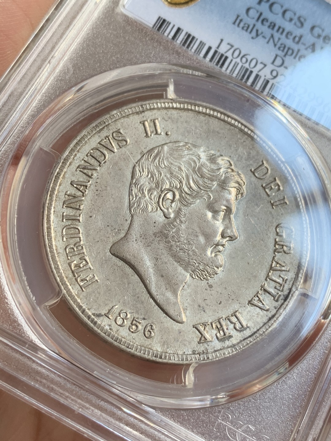 《竞宝斋》第67场-本周日，周一，周四.3场连拍（全场不限金额包邮） PCGS AU 意大利 1856年 那不勒斯 120G 银币  实物状态好 减重痕迹轻微 全深打干干净净