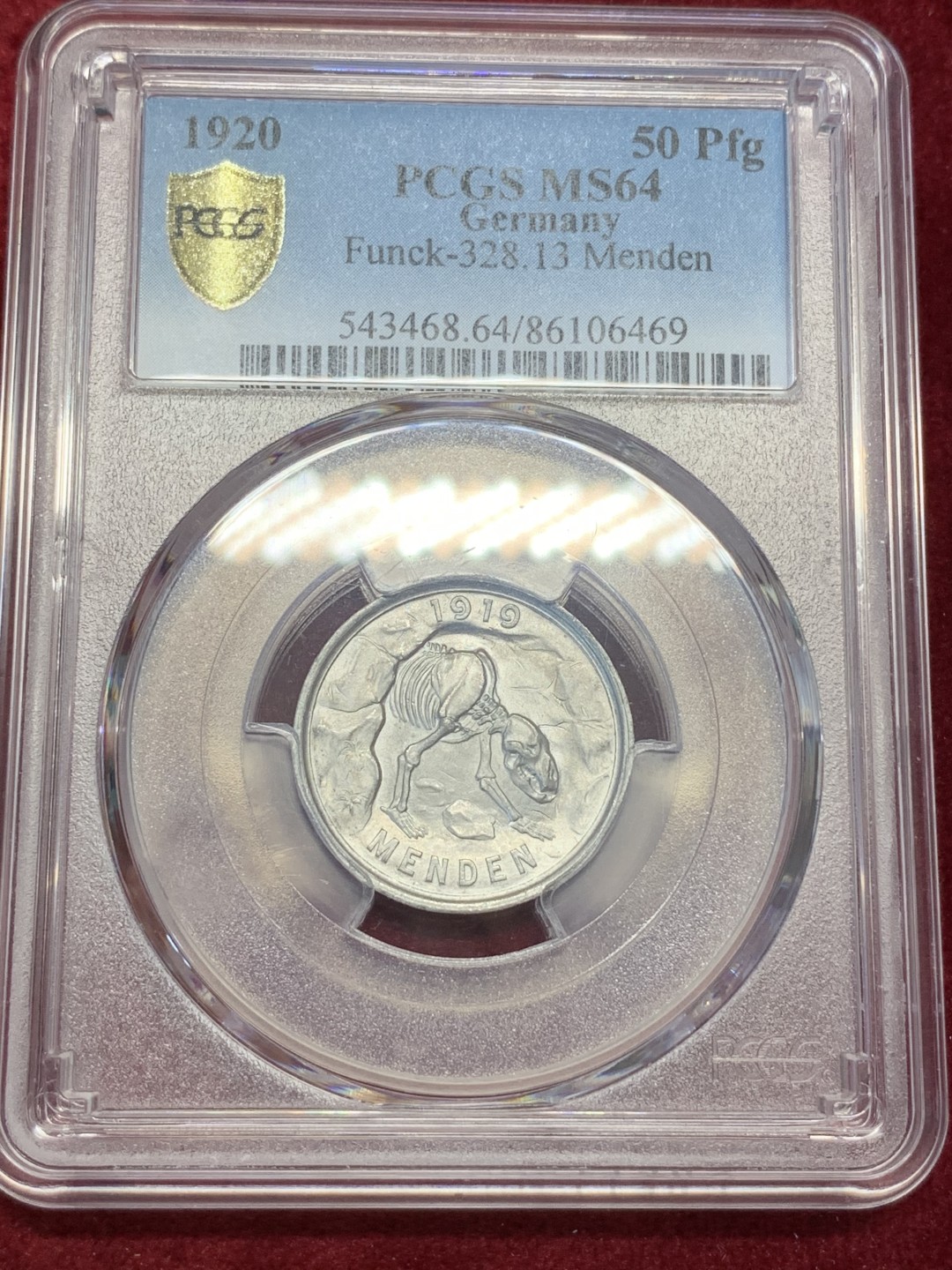 《竞宝斋》第67场-本周日，周一，周四.3场连拍（全场不限金额包邮） 季军分 PCGS MS64  德国 1920年 门登洞熊50芬尼铝币  知名币种 少见高分 上面还有一个65，一个67