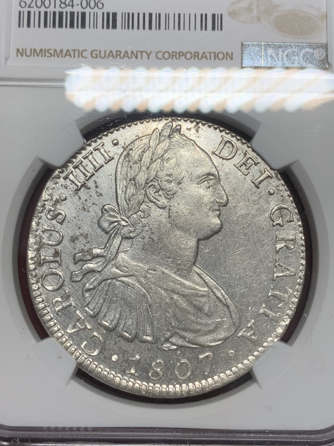 《竞宝斋》第67场-本周日，周一，周四.3场连拍（全场不限金额包邮） NGC-AUD 墨西哥双柱 卡洛斯四世 1807年  8里亚尔 银币双面深打 银光很不错