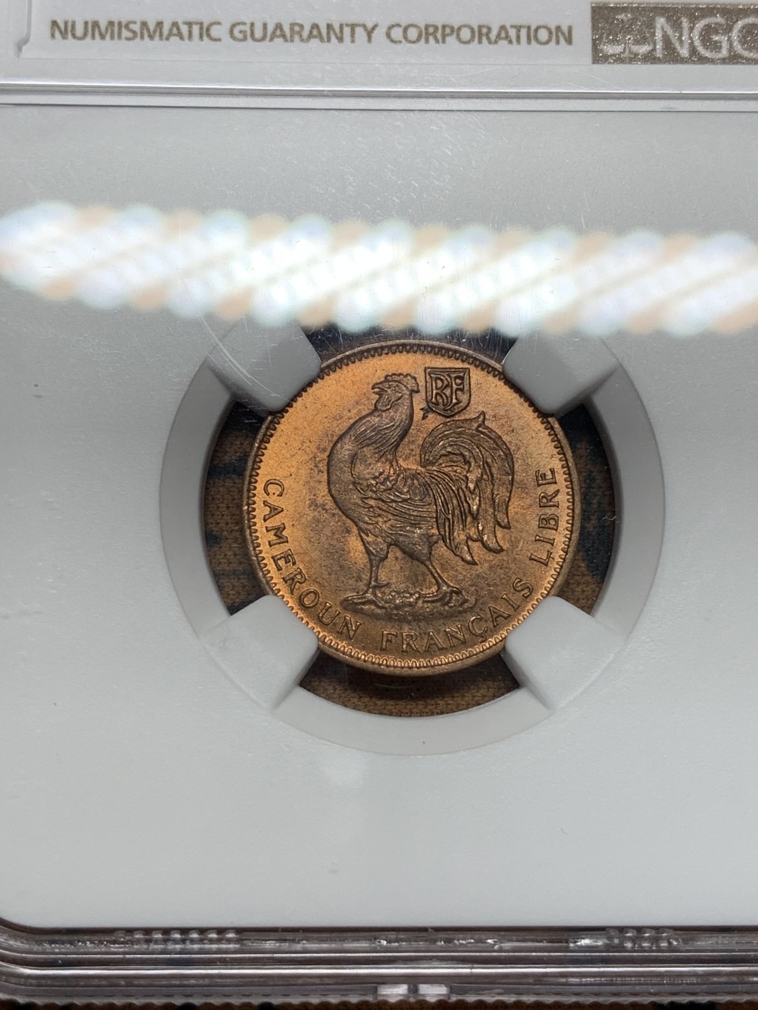 《竞宝斋》第67场-本周日，周一，周四.3场连拍（全场不限金额包邮） NGC MS64RB 喀麦隆 1943年 50分 铜币 RB状态 非常难得