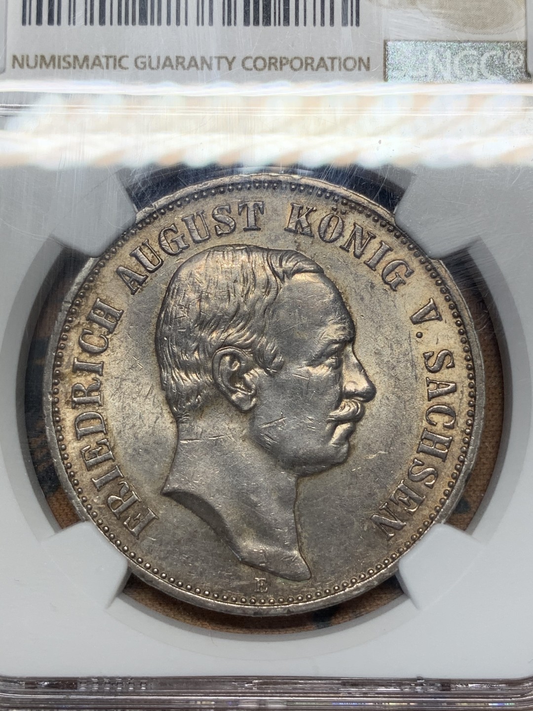 《竞宝斋》第67场-本周日，周一，周四.3场连拍（全场不限金额包邮） NGC UNC 德国 1914年 萨克森 5马克 银币 双面淡彩包浆 细节很不错