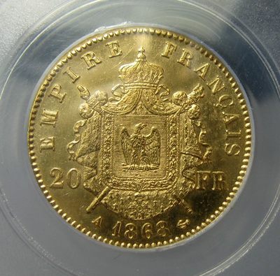 拿破仑三世20法郎金币.法国金币.1868A,6.45g.公博评级MS63
