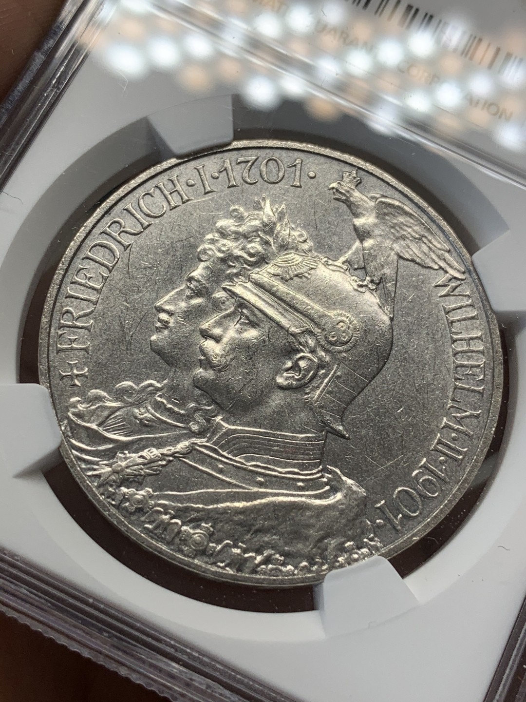 《竞宝斋》第68场-本周日，周一，周四.3场连拍（全场不限金额包邮） NGC-AU58 德国 1901年 普鲁士建国 200周年纪念 5马克银币