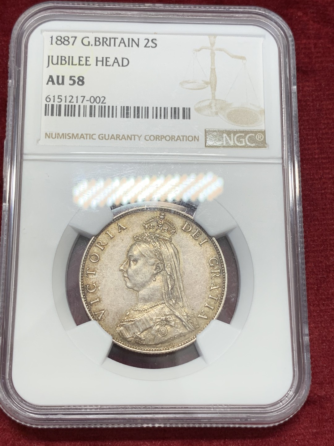 《竞宝斋》第68场-本周日，周一，周四.3场连拍（全场不限金额包邮） NGC-au58 英国 1887年 2先令佛罗林银币 中年老维银币 淡彩包浆