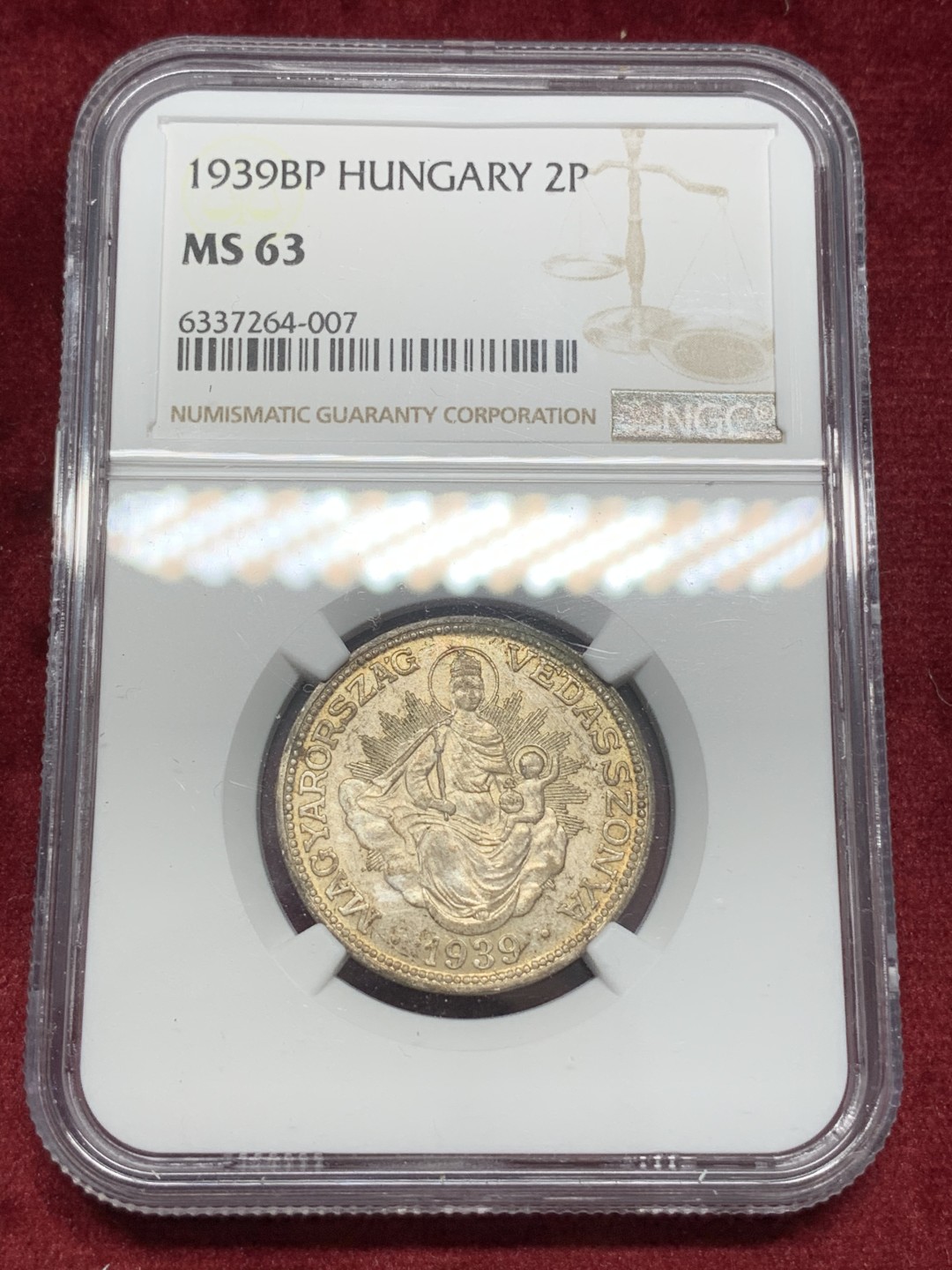 《竞宝斋》第68场-本周日，周一，周四.3场连拍（全场不限金额包邮） NGC-MS63 匈牙利 1939年 圣母抱婴 2潘果银币 原光好品