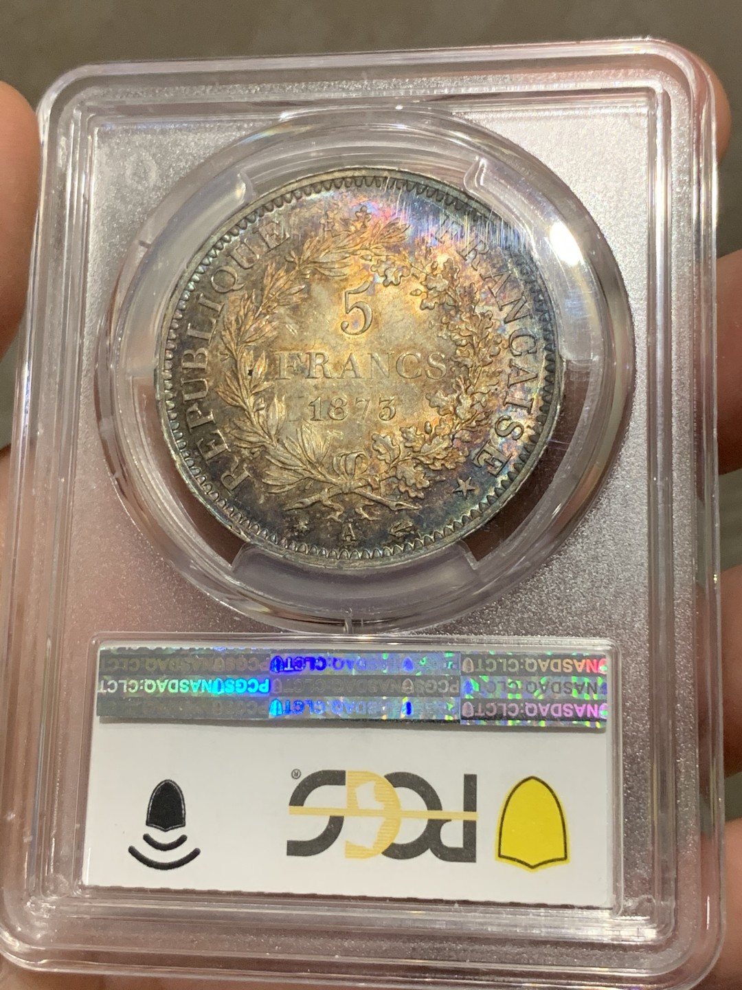 《竞宝斋》第68场-本周日，周一，周四.3场连拍（全场不限金额包邮） PCGS-MS65 法国1873-A 大力神5法郎 重彩包浆 底板完美 收藏级分数 