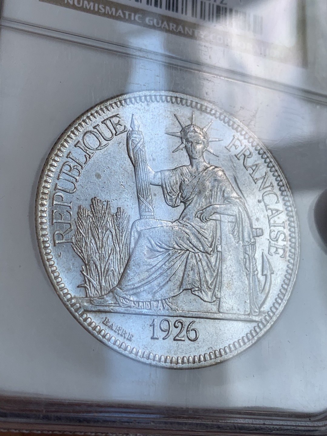 《竞宝斋》第68场-本周日，周一，周四.3场连拍（全场不限金额包邮） PCGS-AU58，法属印支，1926，坐洋银币，老盒原光，热门品种