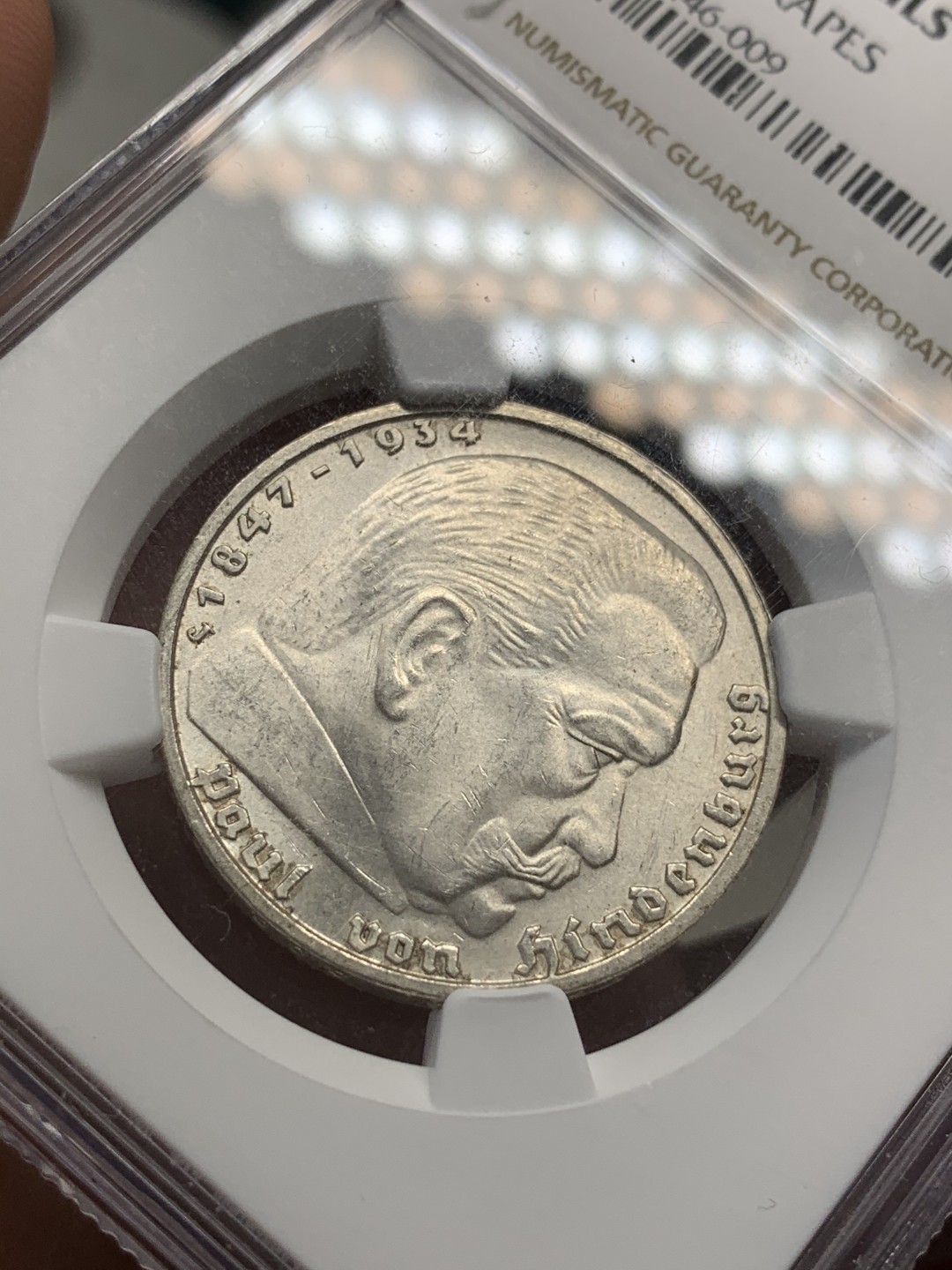 《竞宝斋》第68场-本周日，周一，周四.3场连拍（全场不限金额包邮） NGC-UNC德国1938兴登堡5马克，底板极佳，无磕无碰，光泽尤在