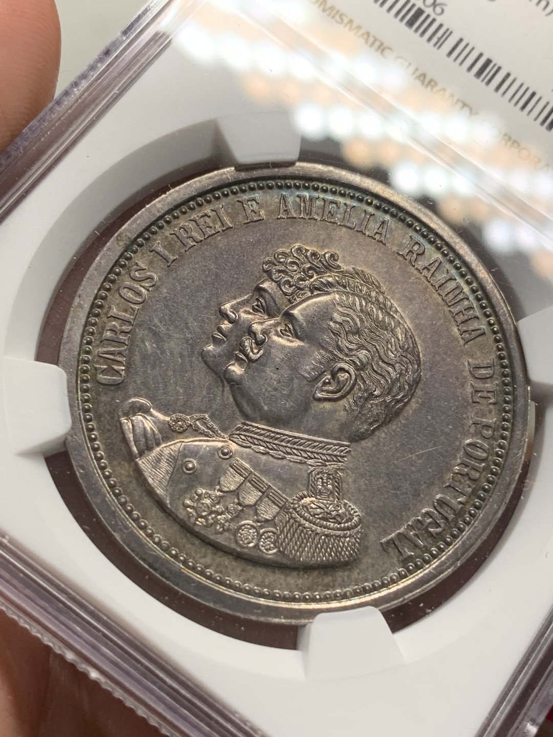 《竞宝斋》第68场-本周日，周一，周四.3场连拍（全场不限金额包邮） NGC-UNC 葡萄牙1908年 二十周年金婚纪念 大银章 非常稀少的品质 没给分可惜了 看不到清晰的痕迹