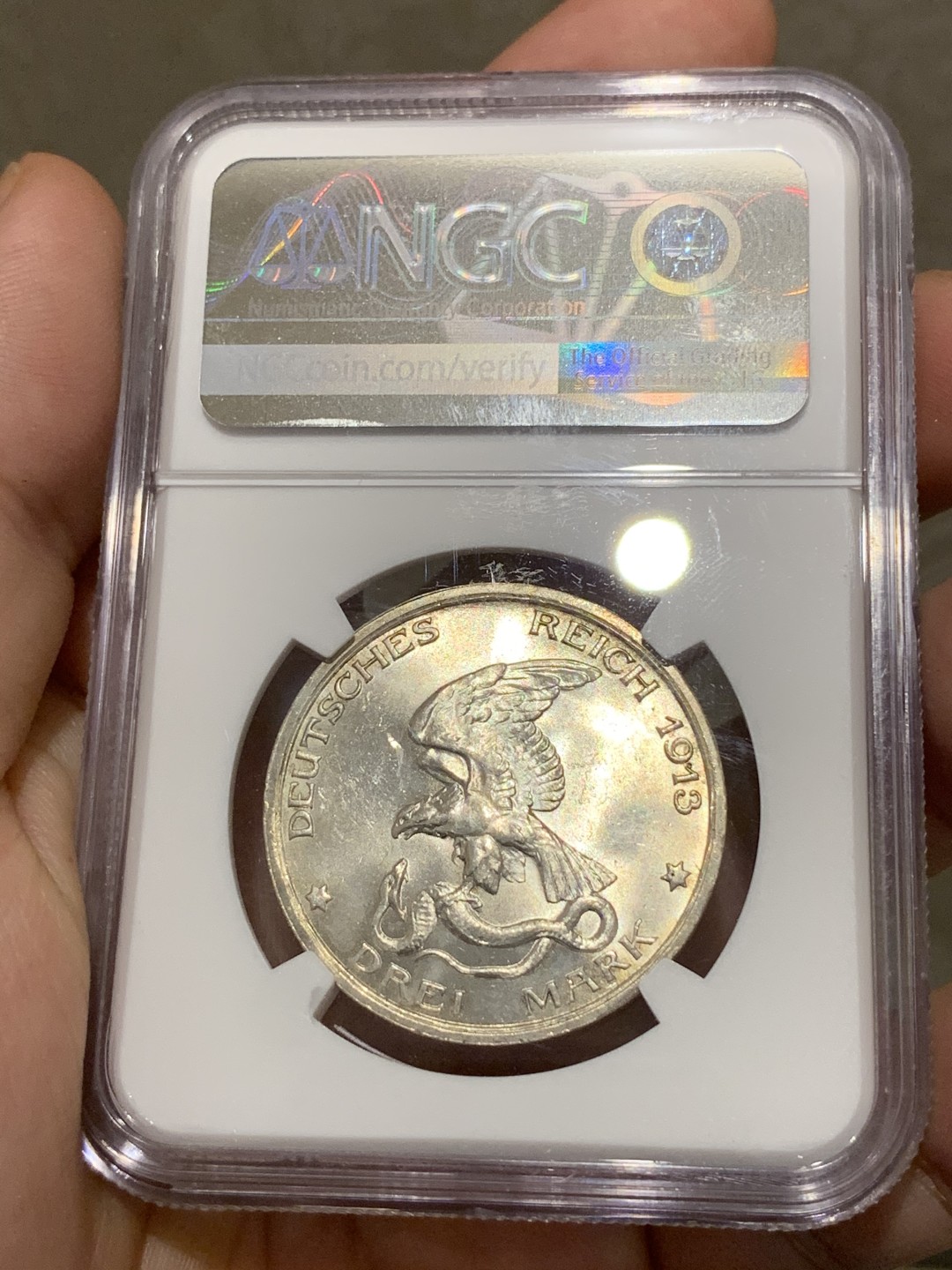 《竞宝斋》第68场-本周日，周一，周四.3场连拍（全场不限金额包邮） NGC-MS62，德国普鲁士战胜拿破仑3马克银币，1913年。