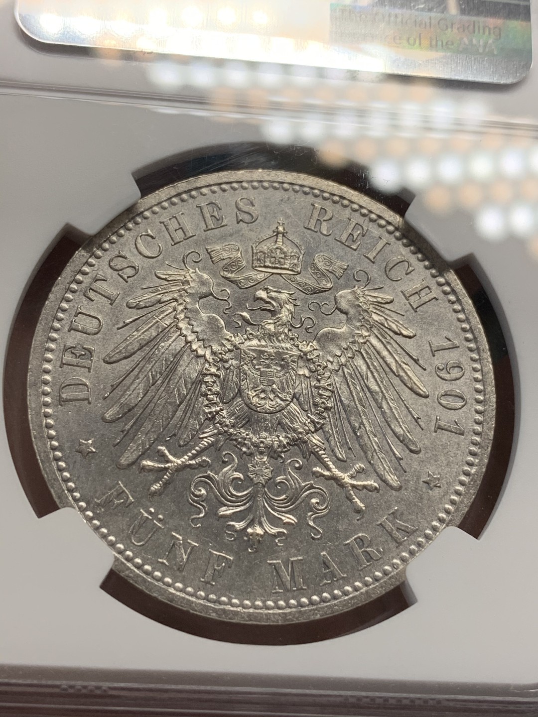 《竞宝斋》第68场-本周日，周一，周四.3场连拍（全场不限金额包邮） NGC-AU58 德国 1901年 普鲁士建国 200周年纪念 5马克银币