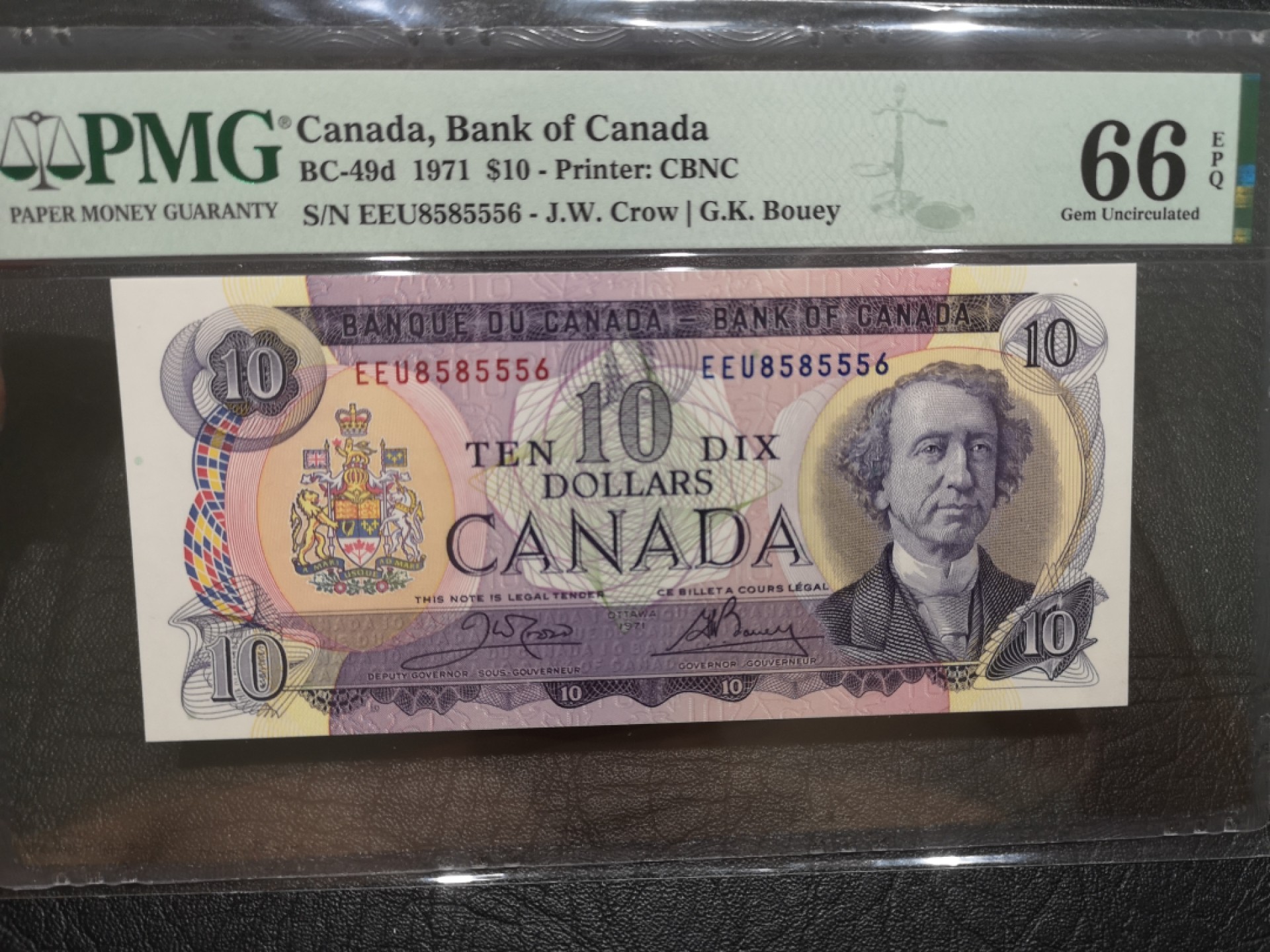《外钞收藏家》第一百八十五期 1971年加拿大10加元 PMG66 无47 靓号