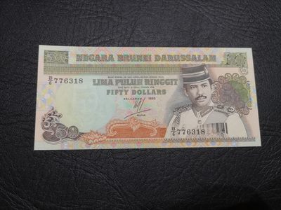 《外钞收藏家》第一百八十五期 - 文莱50林吉特 1995年 无4 尾8 有暗折 AU品相