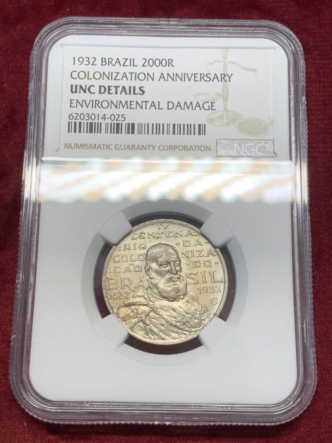 《竞宝斋》第68场-本周日，周一，周四.3场连拍（全场不限金额包邮） NGC-UNC 巴西 1932年 2000瑞斯 巴西殖民400周年纪念银币