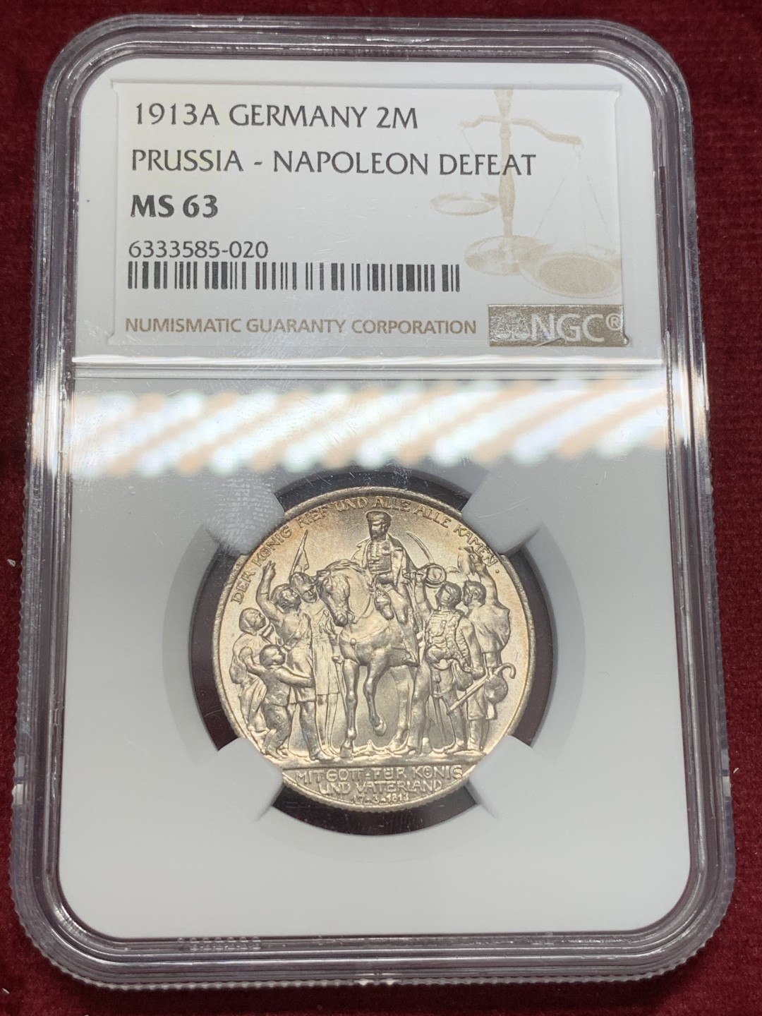《竞宝斋》第68场-本周日，周一，周四.3场连拍（全场不限金额包邮） NGC-MS63，德国普鲁士战胜拿破仑2马克银币，1913年。