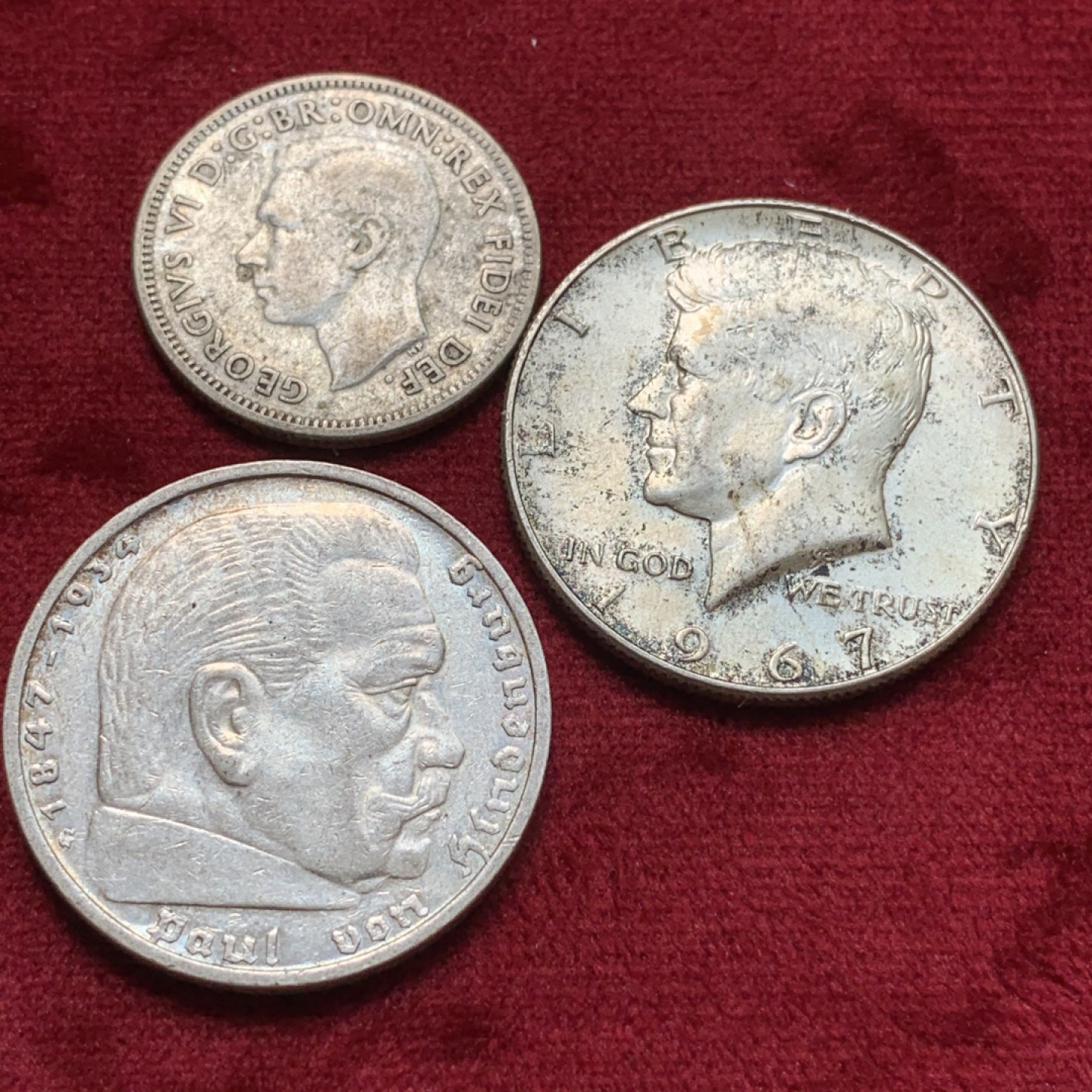 《竞宝斋》第68场-本周日，周一，周四.3场连拍（全场不限金额包邮） 3枚银币一组 德国 1936年 鹰版5马克一枚，美国1967半美元银币一枚，澳大利亚 1950年先令一枚