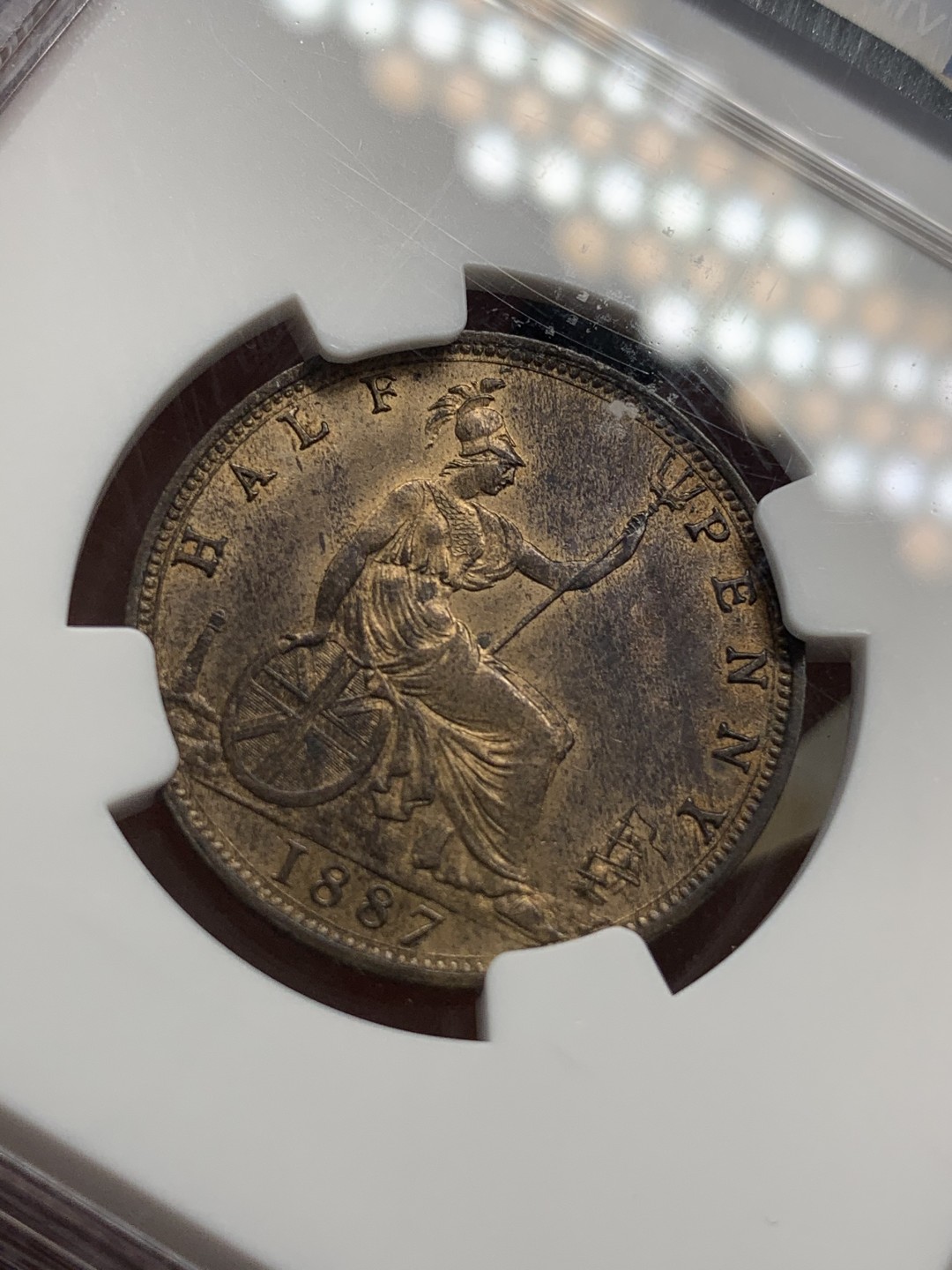 《竞宝斋》第68场-本周日，周一，周四.3场连拍（全场不限金额包邮） NGC-MS63 英国 1887年 1/2便士 小维铜币 状态很好 不错的的分数