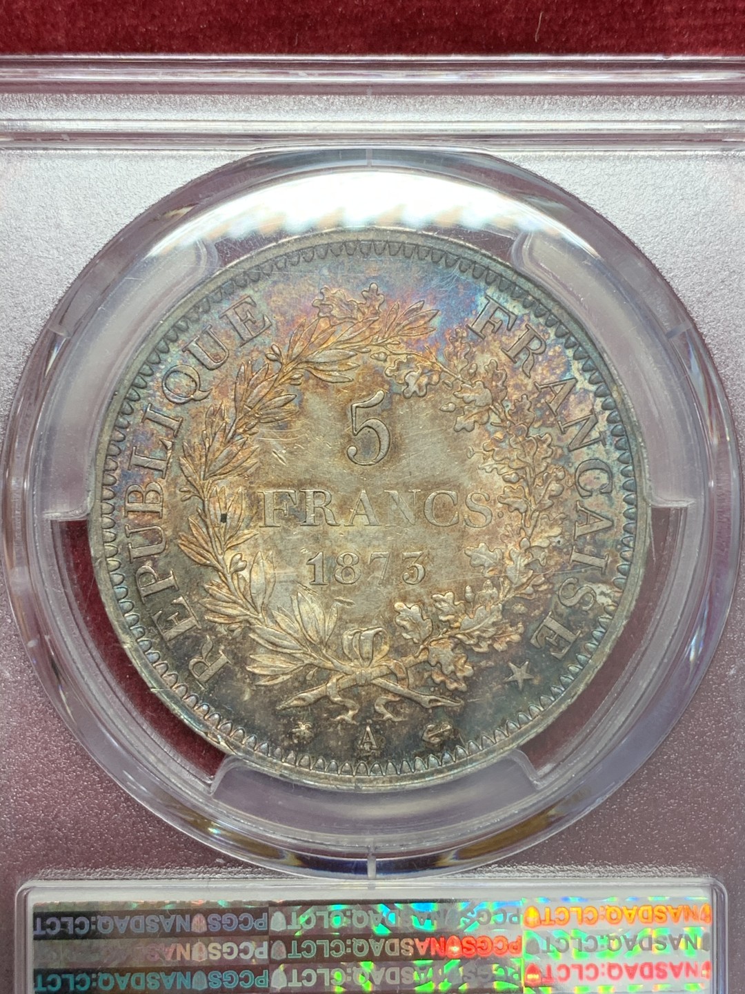 《竞宝斋》第68场-本周日，周一，周四.3场连拍（全场不限金额包邮） PCGS-MS65 法国1873-A 大力神5法郎 重彩包浆 底板完美 收藏级分数 