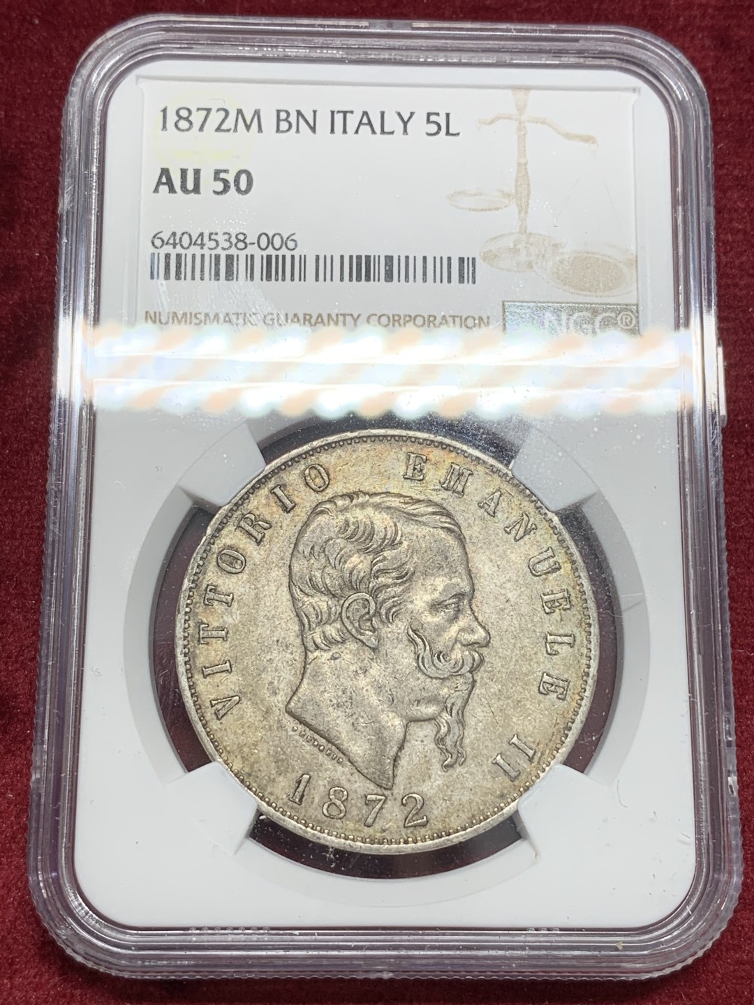 《竞宝斋》第68场-本周日，周一，周四.3场连拍（全场不限金额包邮） NGC-AU50 意大利 1872年 艾曼纽尔二世 5里拉 大银币 原味老包浆