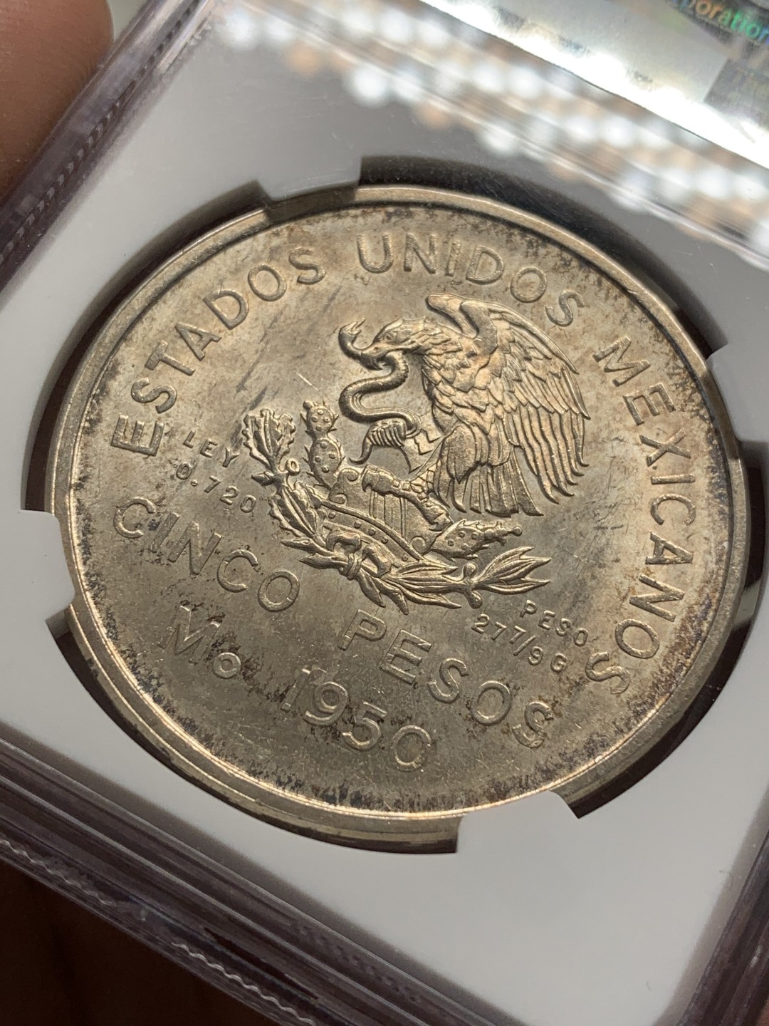 《竞宝斋》第68场-本周日，周一，周四.3场连拍（全场不限金额包邮） NGC-MS63 墨西哥 1950年 火车头5比索大银币 非常稀少的版别 这品像可以收藏了