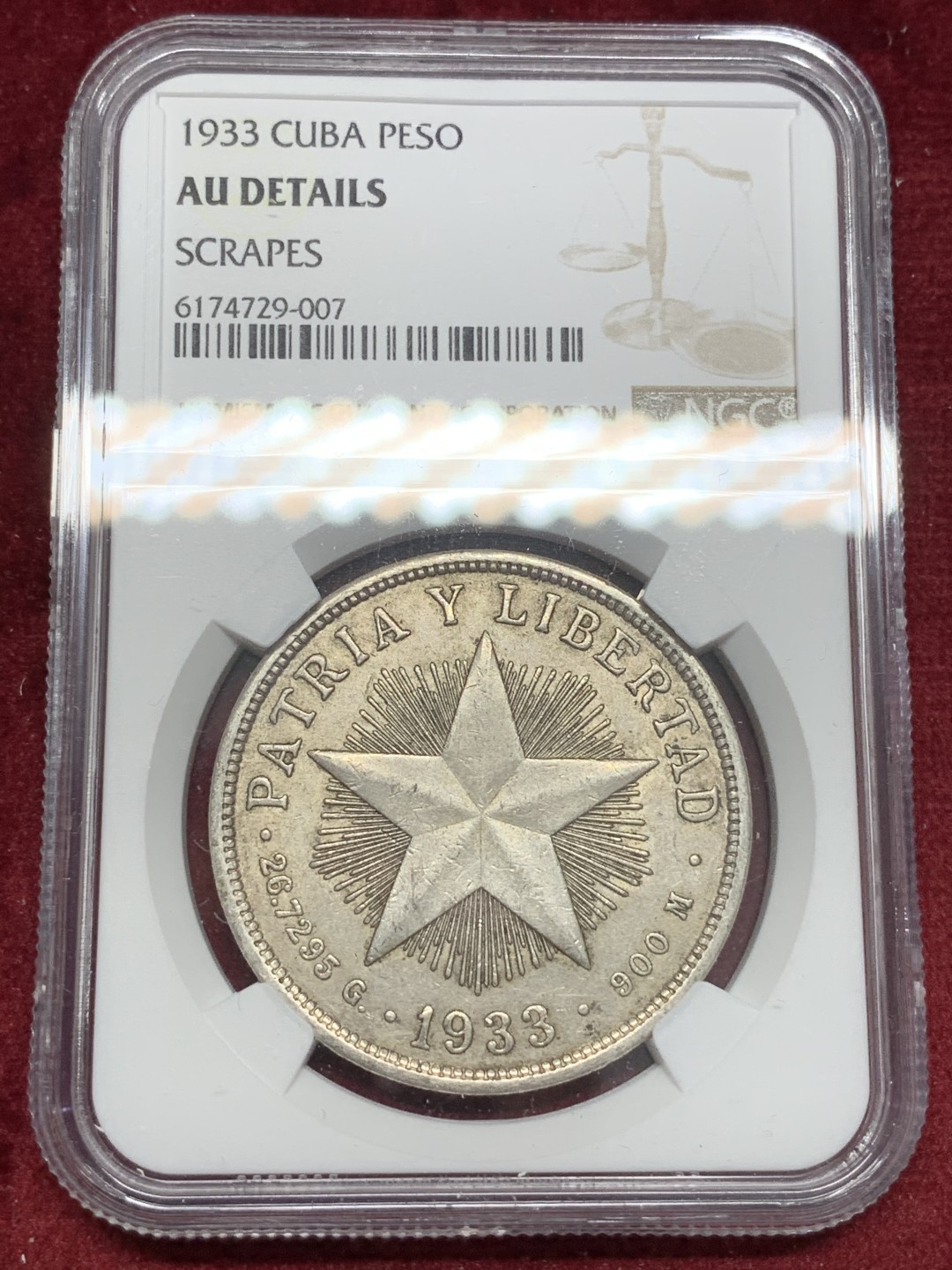 《竞宝斋》第68场-本周日，周一，周四.3场连拍（全场不限金额包邮） NGC-AU 古巴1933年 大五星 1比索 大银币 原味品 没分可惜