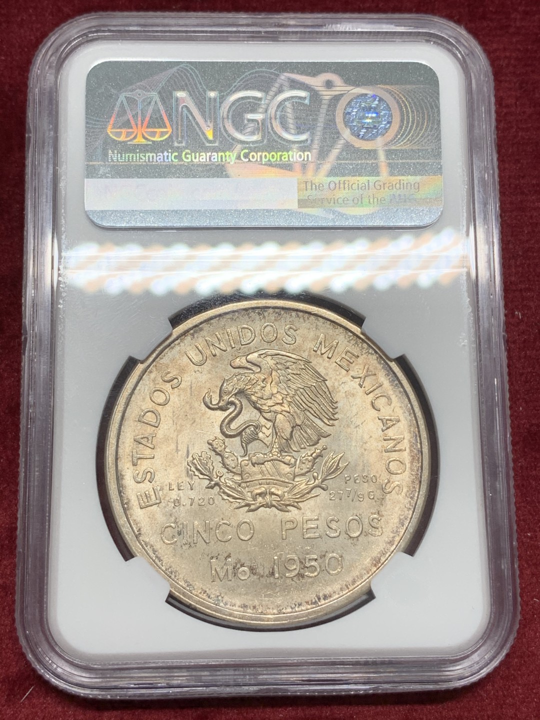 《竞宝斋》第68场-本周日，周一，周四.3场连拍（全场不限金额包邮） NGC-MS63 墨西哥 1950年 火车头5比索大银币 非常稀少的版别 这品像可以收藏了