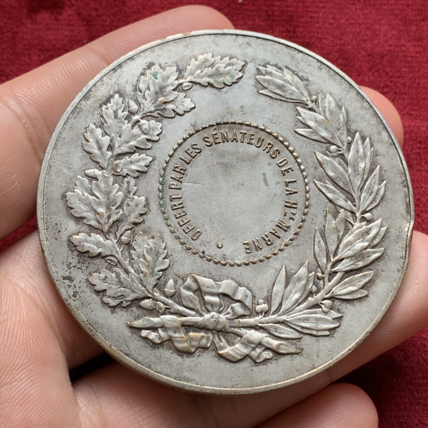 《竞宝斋》第68场-本周日，周一，周四.3场连拍（全场不限金额包邮） 法国 20世纪初   镀银铜章 83克 59.4mm超大规格  铜边铭