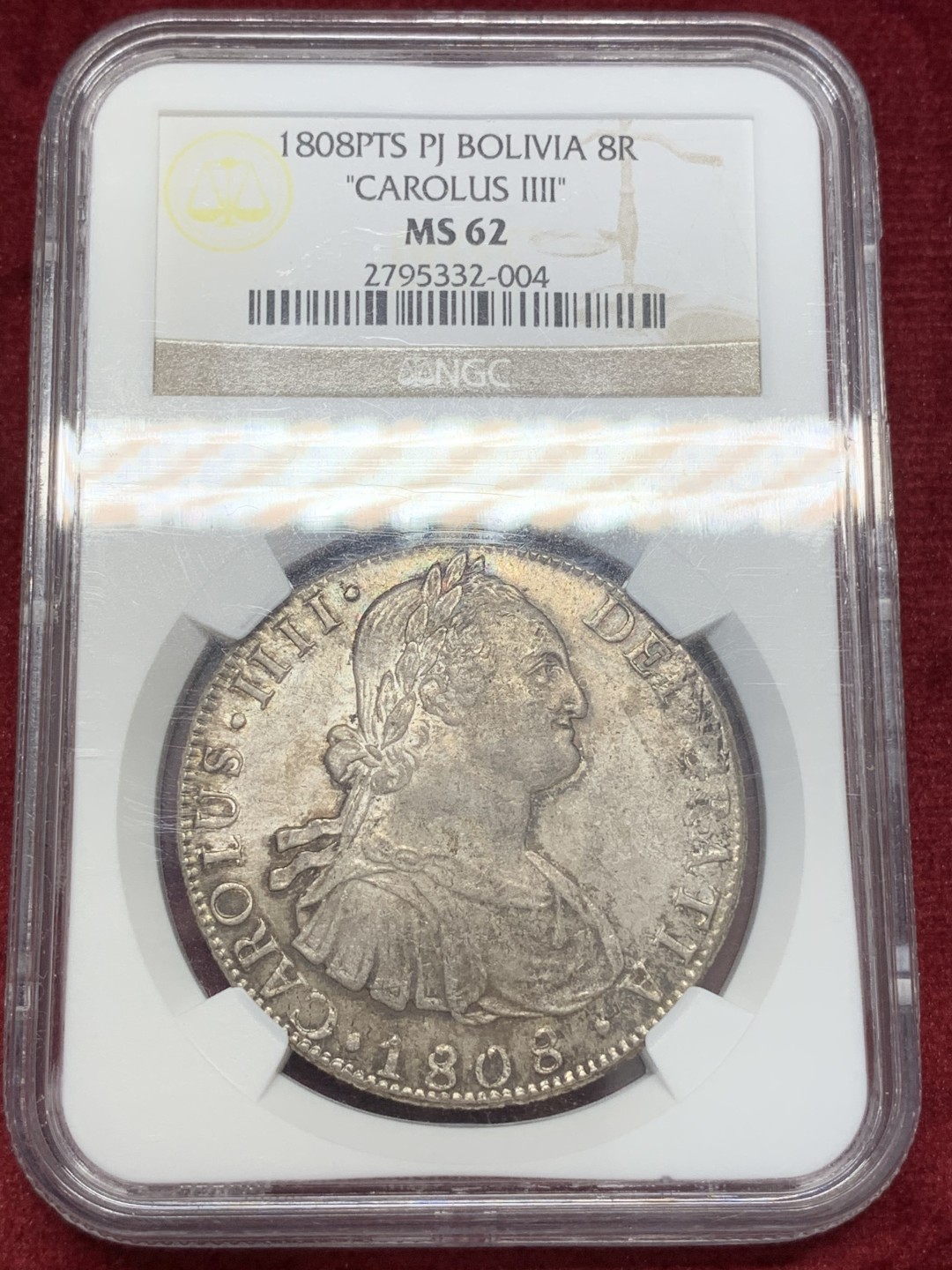 《竞宝斋》第68场-本周日，周一，周四.3场连拍（全场不限金额包邮） NGC MS62 1808年西属玻利维亚卡洛斯四世8R双柱银币 深灰色老包浆，打的又正又深，城堡的砖都看的一清二楚，西属币玩的就是打制