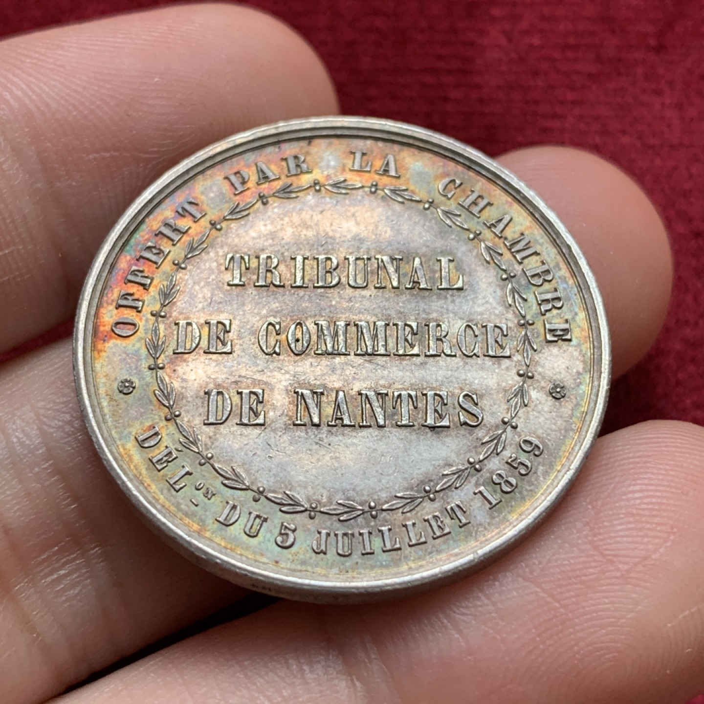 《竞宝斋》第68场-本周日，周一，周四.3场连拍（全场不限金额包邮） 法国1859年圆形银代币 原光品五彩包浆 早期蜜蜂铭银标 31毫米 12.45克